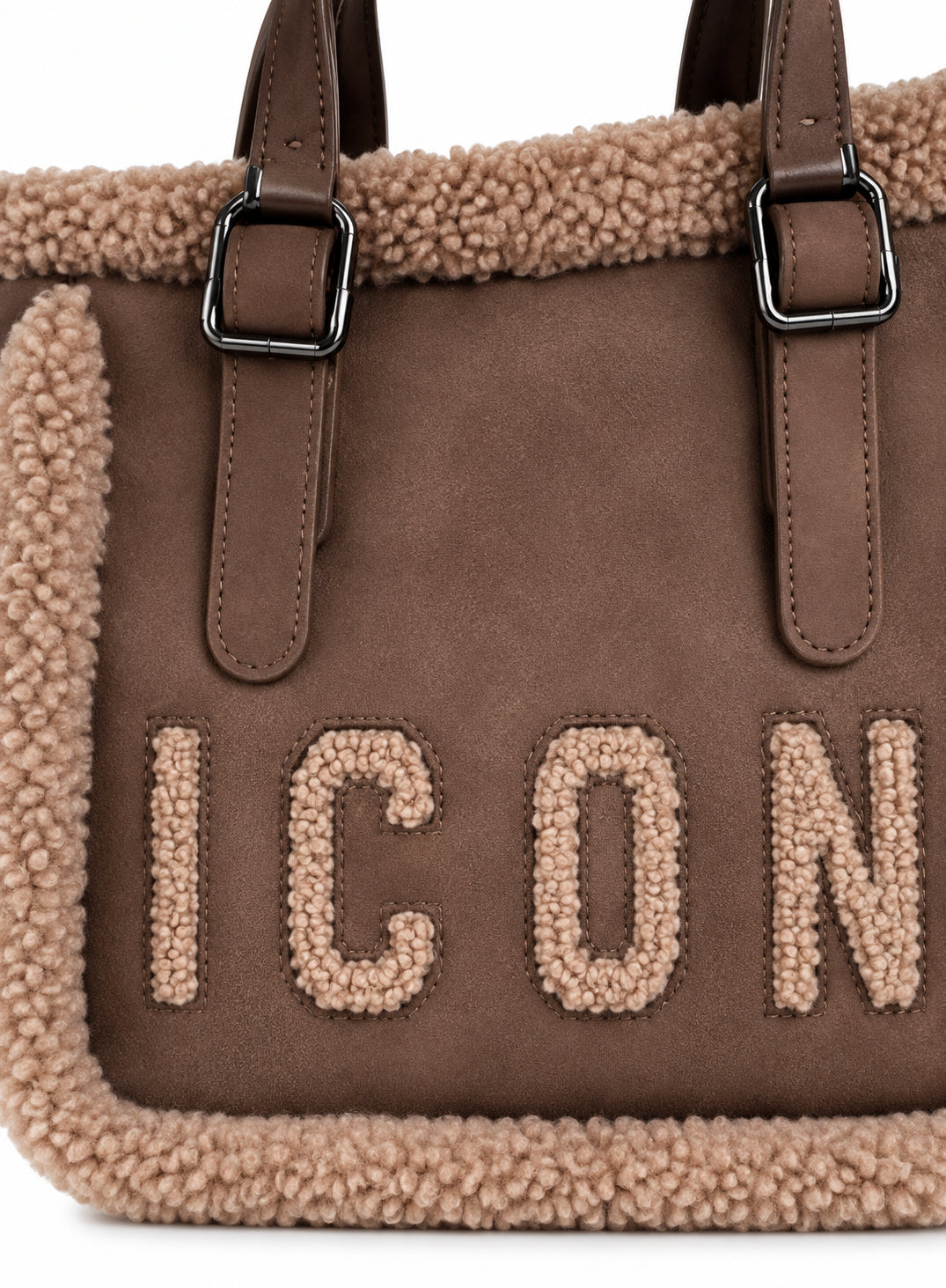 Borsa shopping piccola effetto scamosciato con bordi teddy