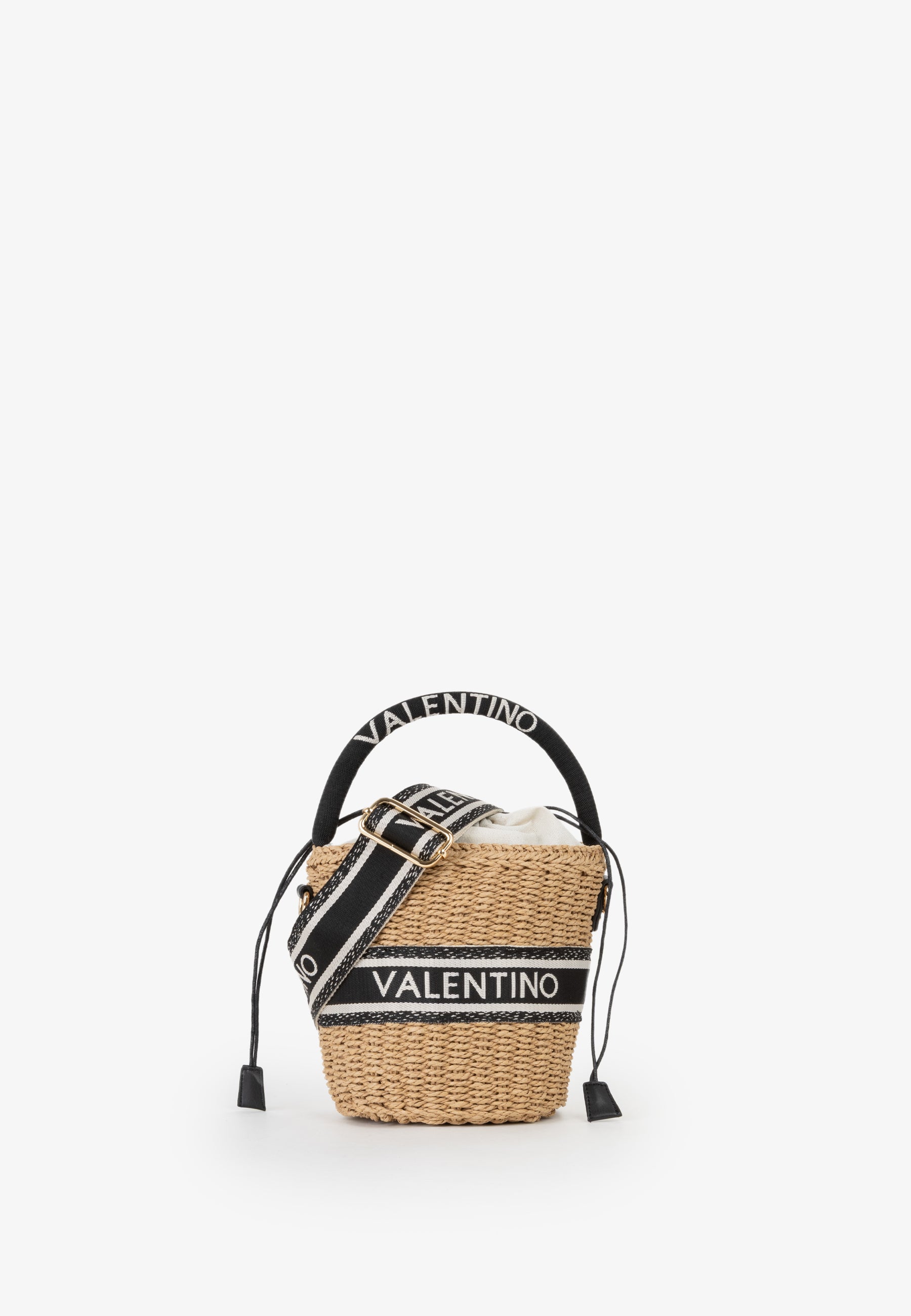 Borsa secchiello Mario Valentino in paglia con logo frontale e tracolla regolabile Nero TU | Giò Fashion