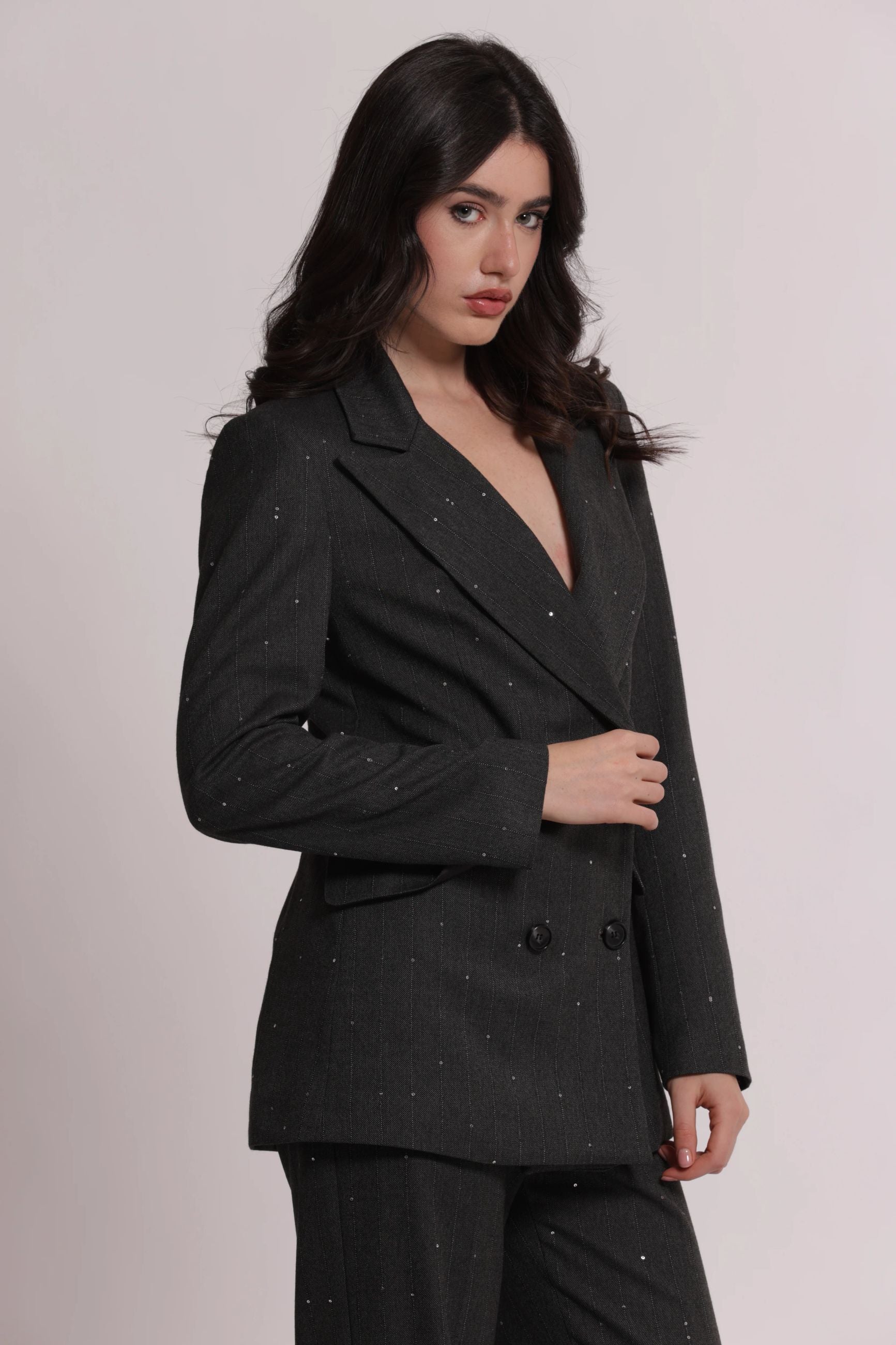 Giacca Lunga Donna Mimì Muà Gessata con Paillettes Elegante