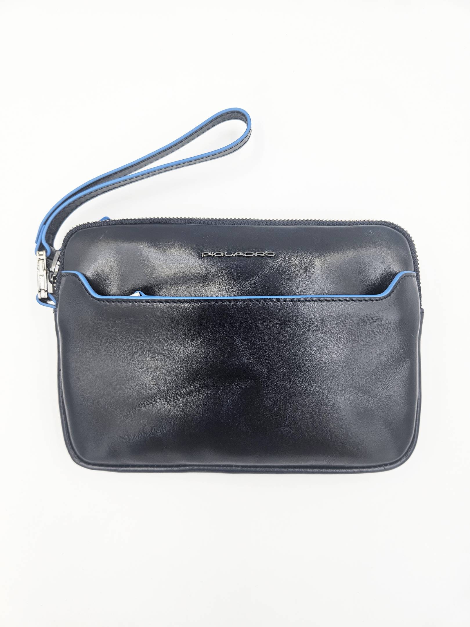 Piquadro beauty case in pelle con manico laterale e dettagli a contrasto BLU TU | Giò Fashion