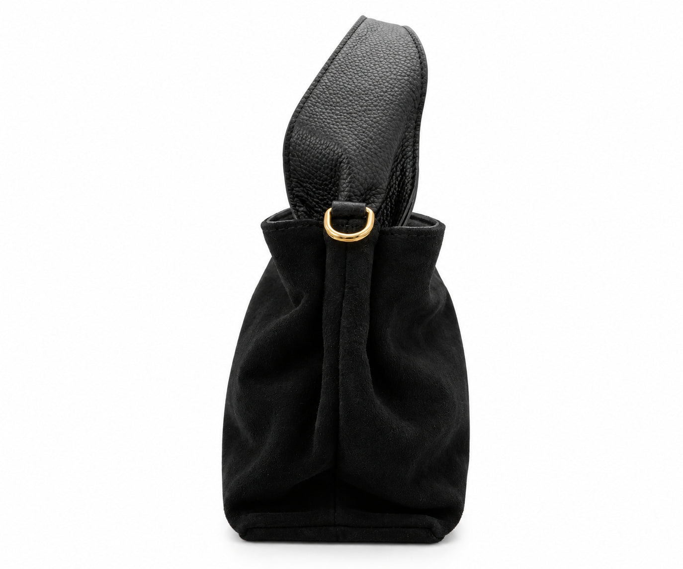 Borsa a Mano Vera Pelle in Camoscio Nero con Manici in Pelle Martellata