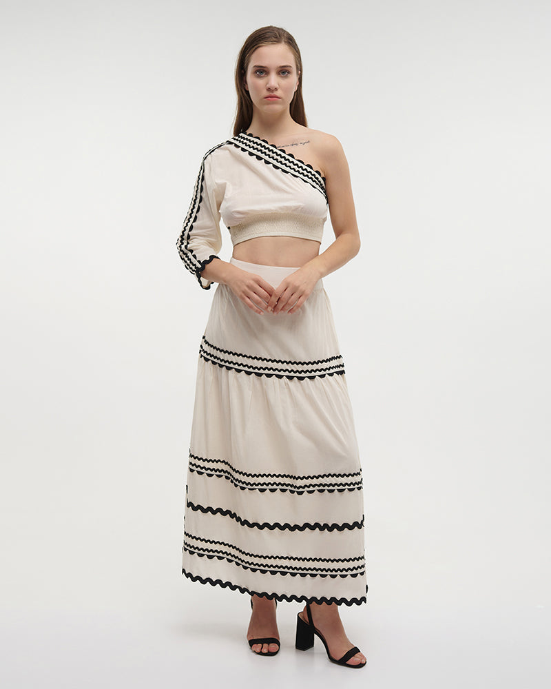 Ble Resort Collection Set Top Monospalla Crop e Gonna con Ricamo