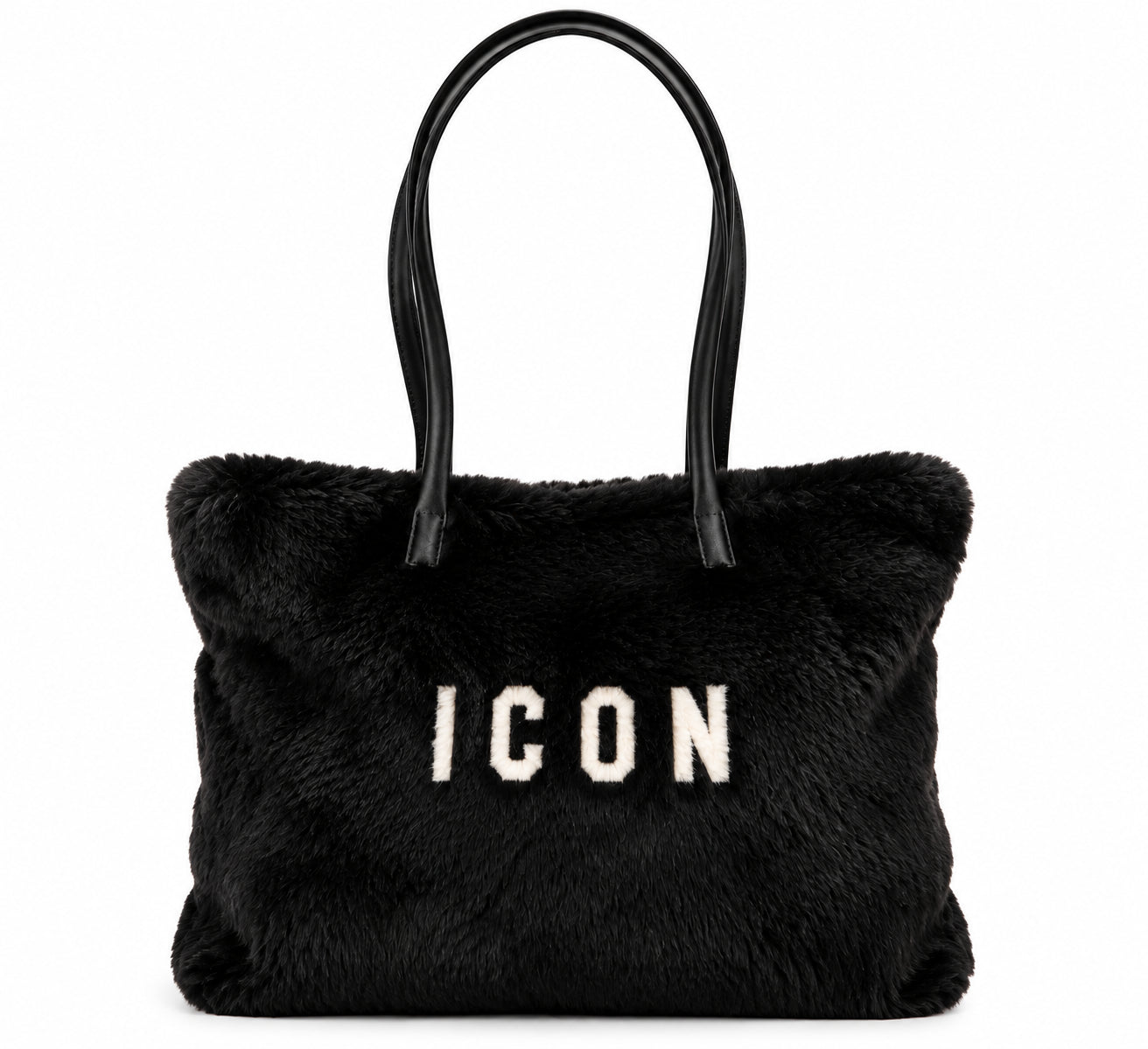 Borsa shopping effetto pelliccia con logo a contrasto