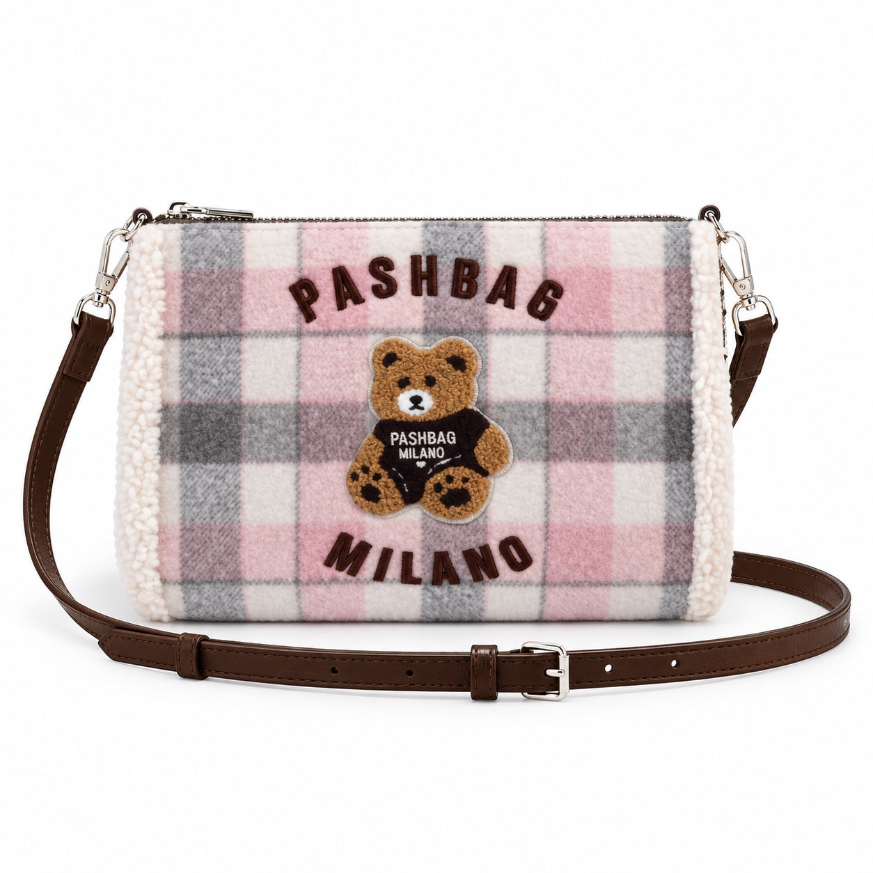 PashBag Borsa a Tracolla Effetto Peluche con Orsetto Ricamato