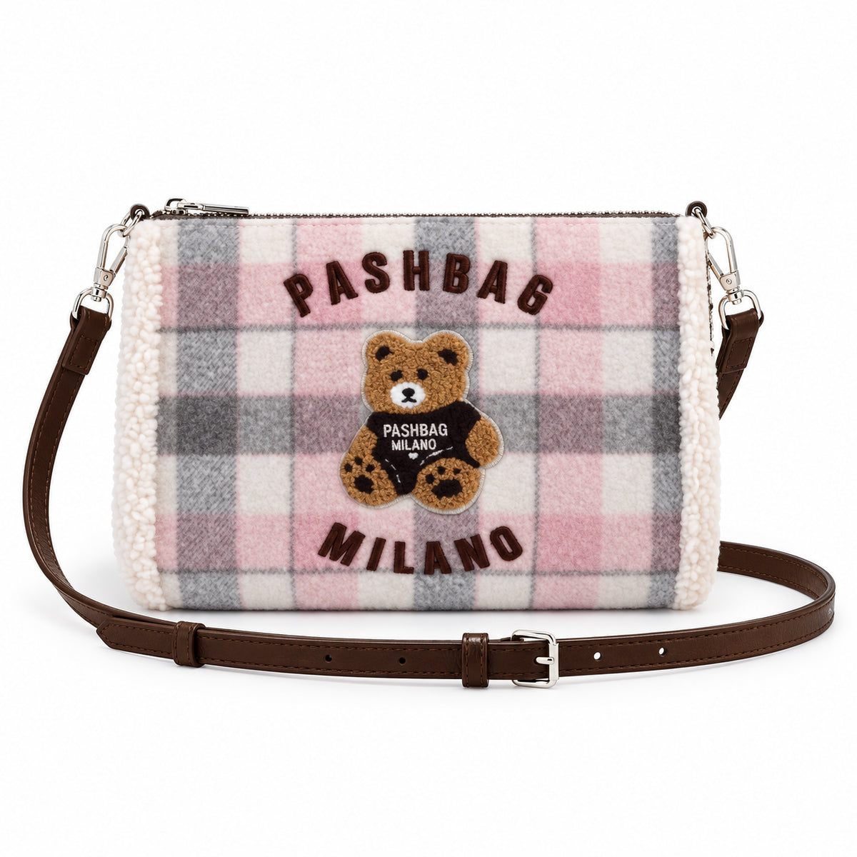 PashBag Borsa a Tracolla Effetto Peluche con Orsetto Ricamato