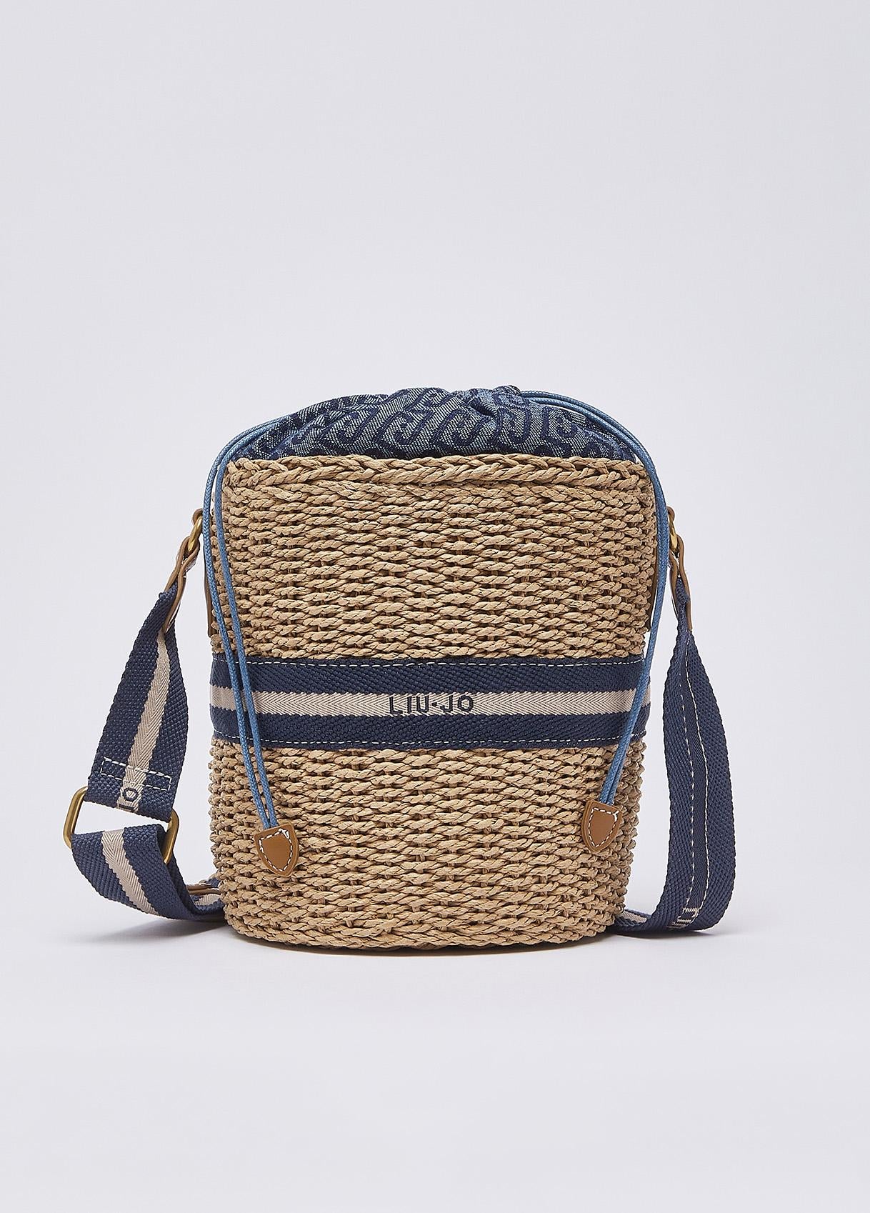 Borsa a tracolla Liu Jo effetto paglia con dettagli denim e logo Blu TU | Giò Fashion