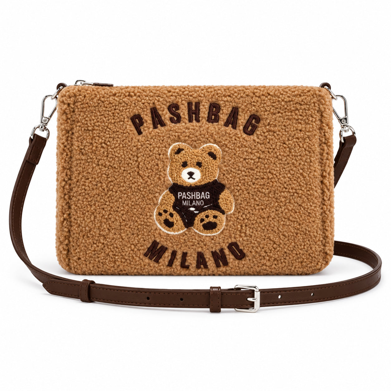 PashBag Borsa a Tracolla Effetto Peluche con Orsetto Ricamato