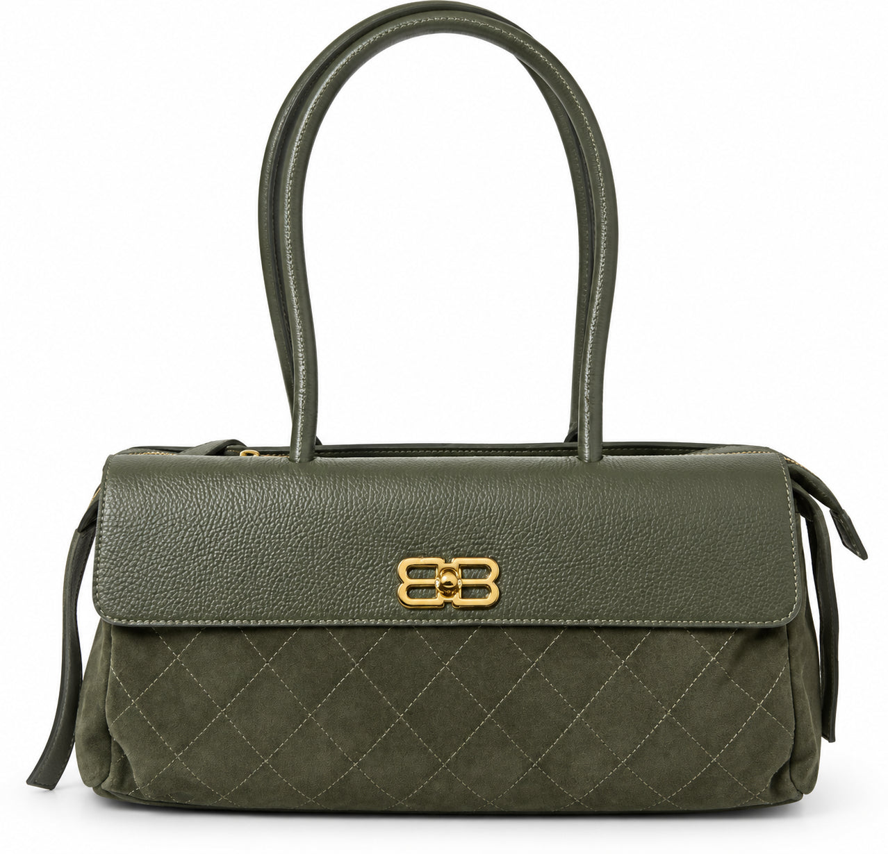 Borsa Donna Verde Militare Effetto Camoscio Trapuntata con Manici Lunghi e Dettagli Dorati