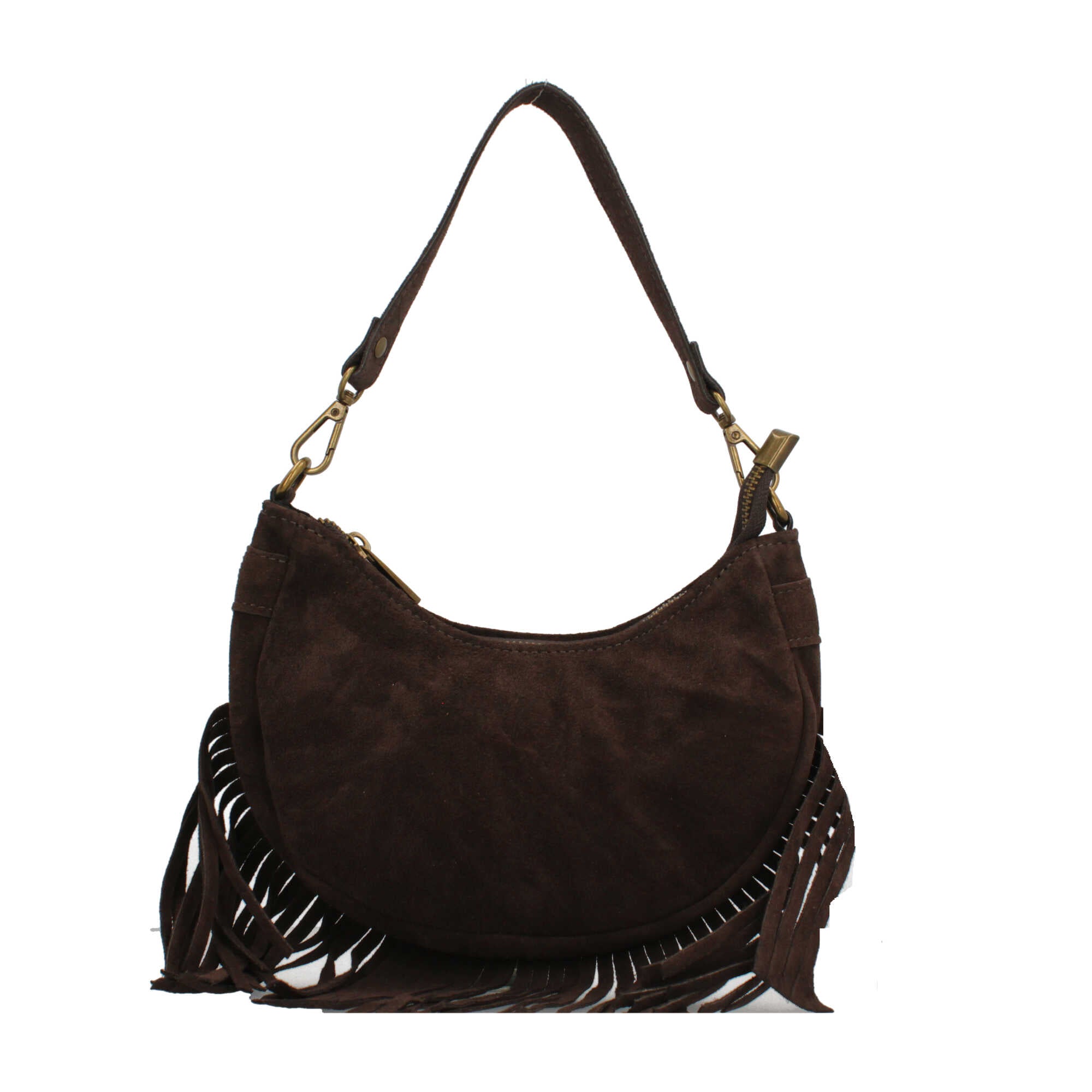 Borsa a spalla in vera pelle scamosciata con frange Made in Italy Marrone TU | Giò Fashion