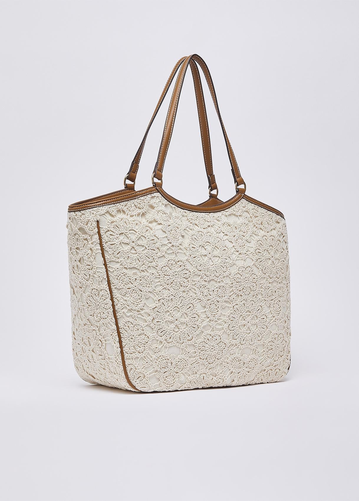 Borsa shopping Liu Jo in pizzo con logo frontale e doppi manici Cream TU | Giò Fashion