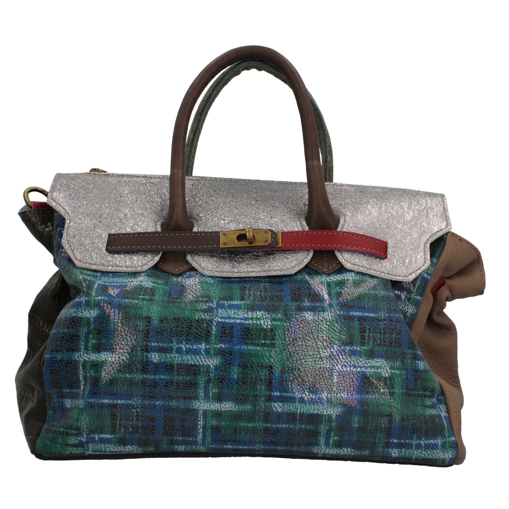 Borsa a mano Made in Italy con patta effetto metallizzato e stampa artistica