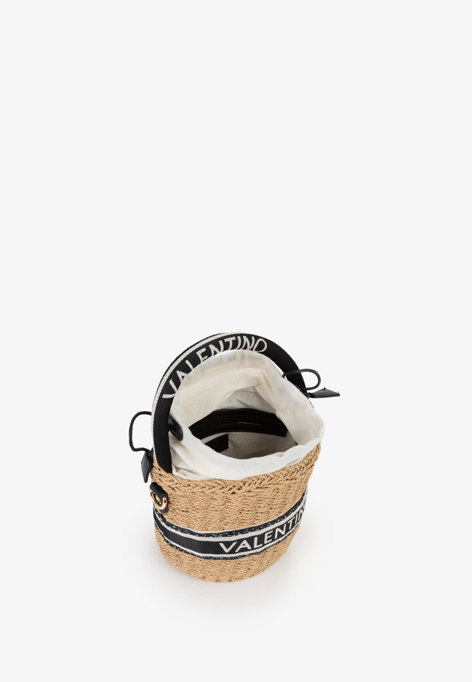 Borsa secchiello Mario Valentino in paglia con logo frontale e tracolla regolabile Nero TU | Giò Fashion