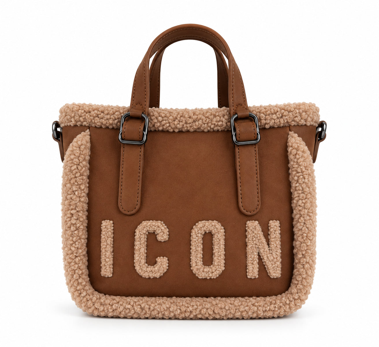 Borsa shopping piccola effetto scamosciato con bordi teddy