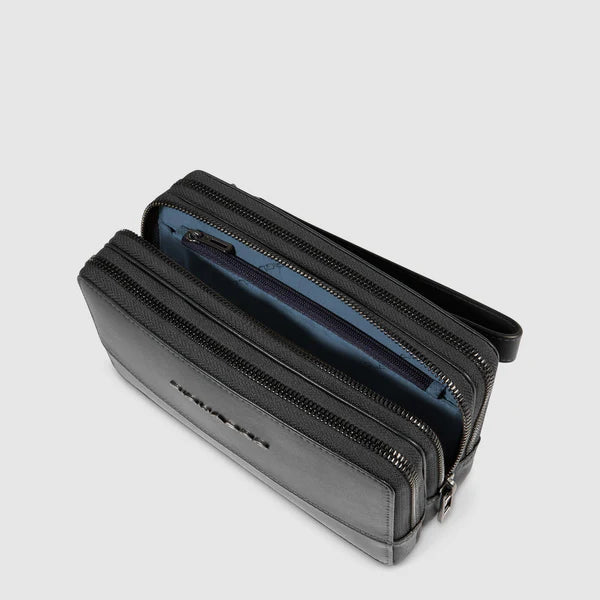 Pochette Piquadro in pelle con doppia zip con polsiera e tracolla removibile Nero TU | Giò Fashion