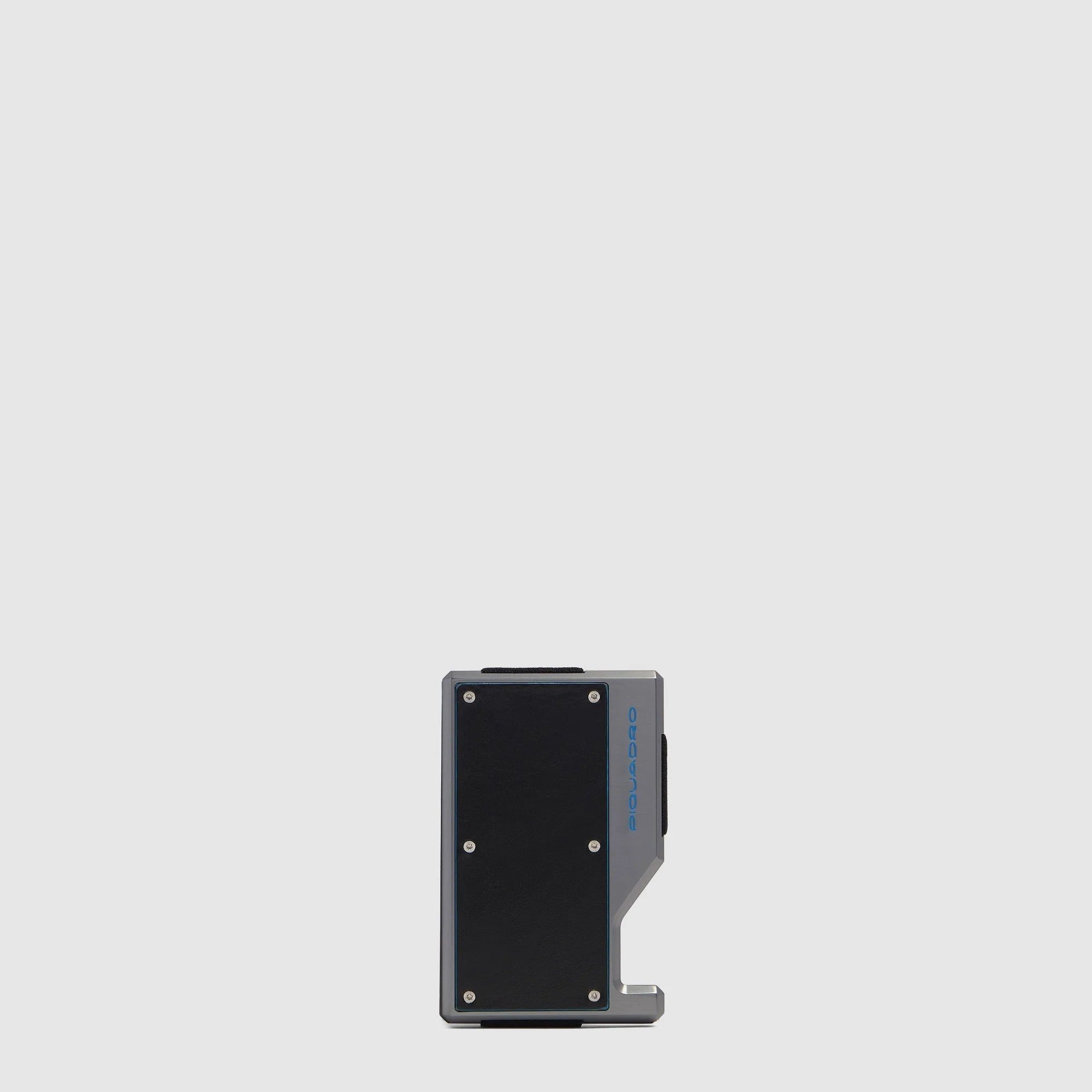 Piquadro Portacarte di Credito MagSafe in Pelle e Alluminio Blue Square Nero con Fascia Elastica e Protezione RFID
