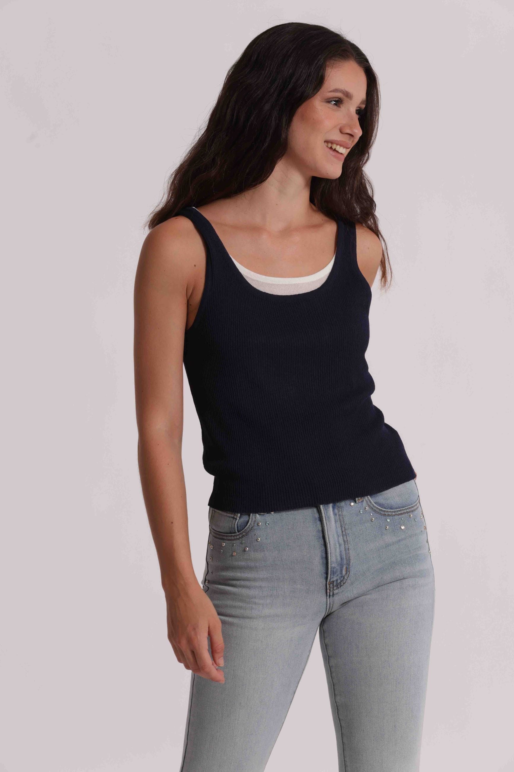 Mimi Mua cardigan donna corto in maglia a coste con bottoni BLU/BIANCO S | Giò Fashion