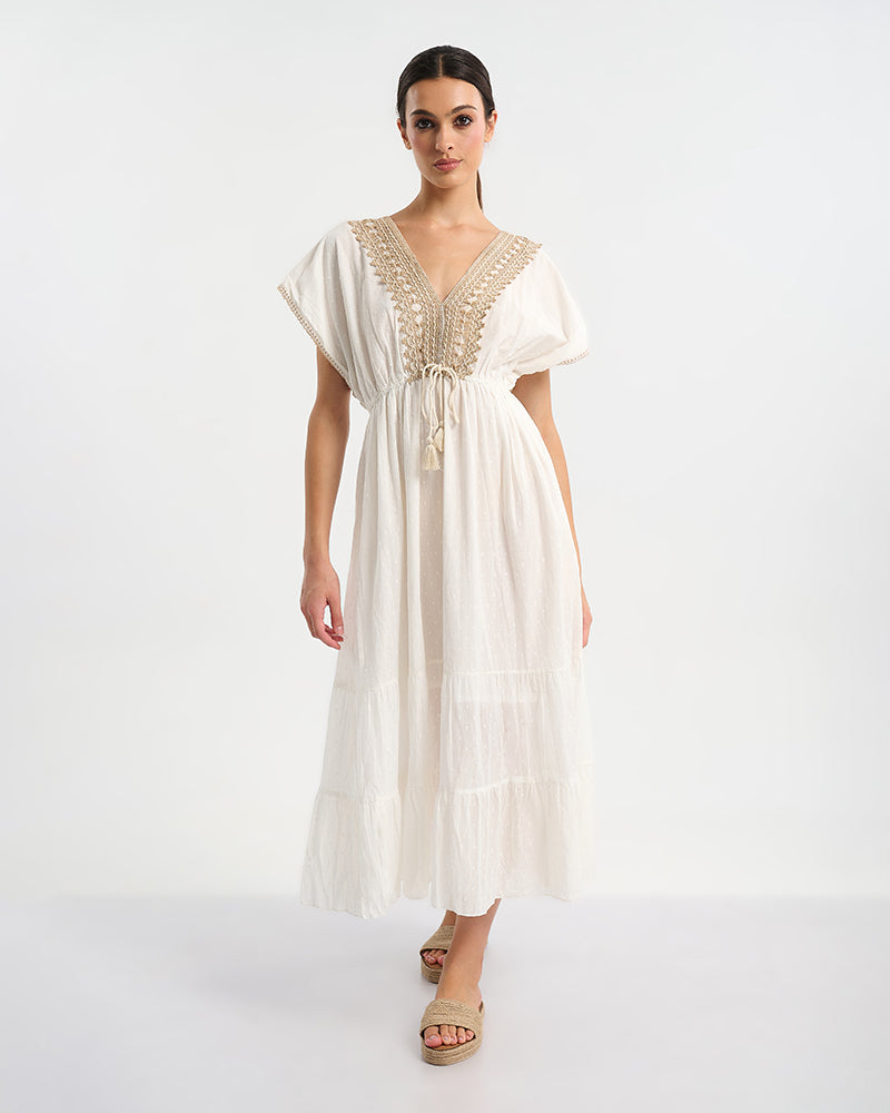 Ble Resort Collection Abito Lungo a Maniche Corte con Ricamo