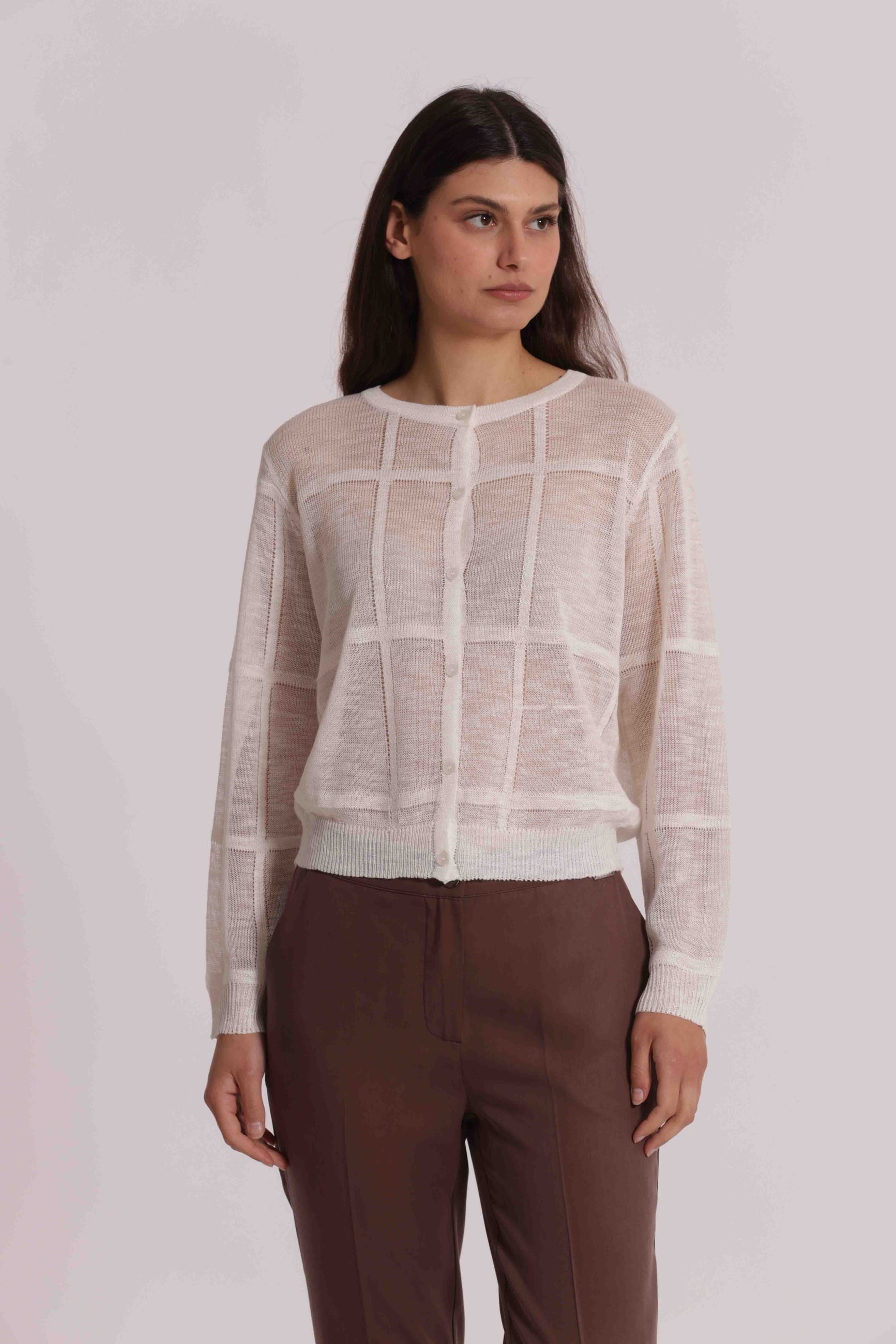 Mimi Mua cardigan donna in maglia trasparente con bottoni elegante PANNA S | Giò Fashion