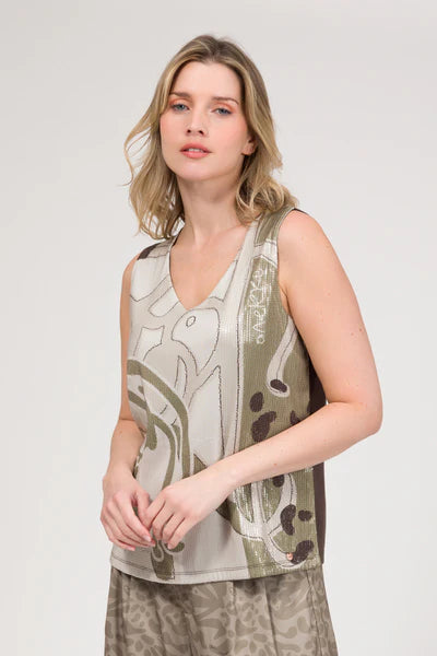Anekke top donna scollo a V con stampa artistica stile elegante Marrone S/M | Giò Fashion