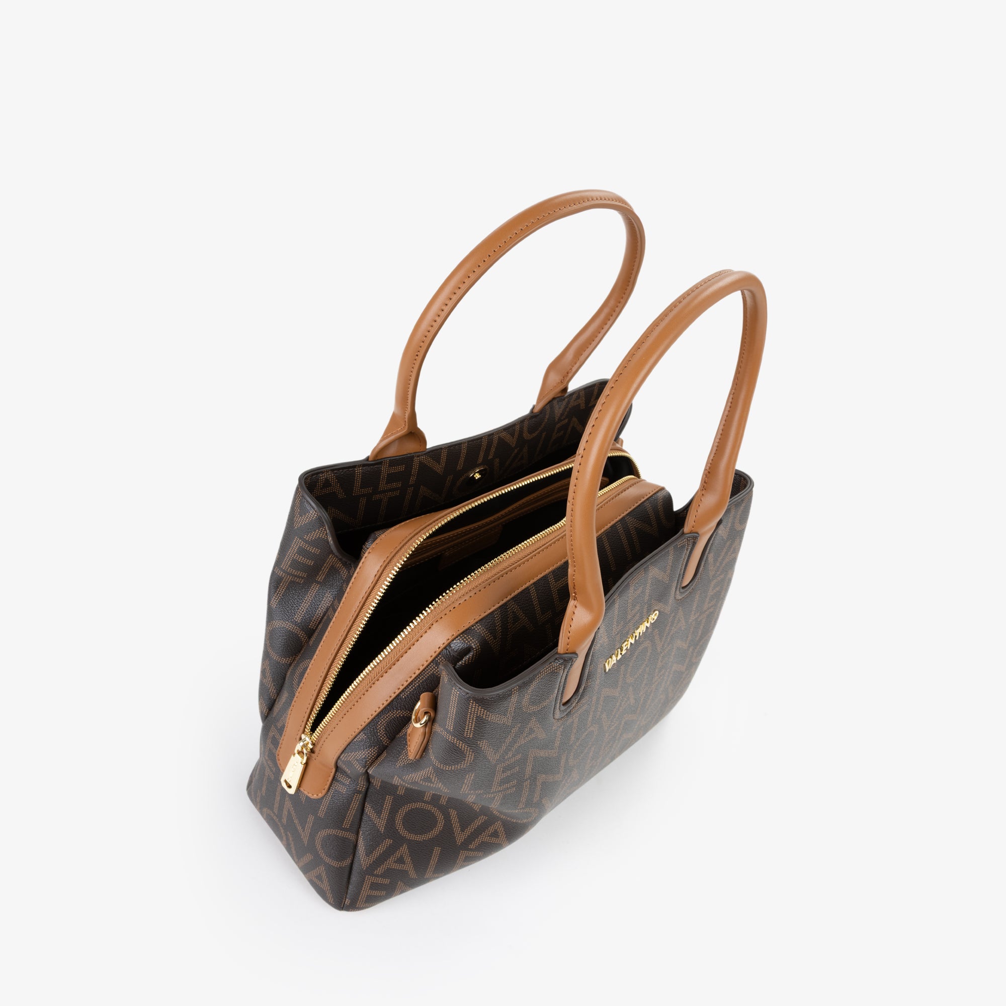 Borsa a mano donna Mario Valentino con stampa logo all over e tracolla regolabile Marrone TU | Giò Fashion