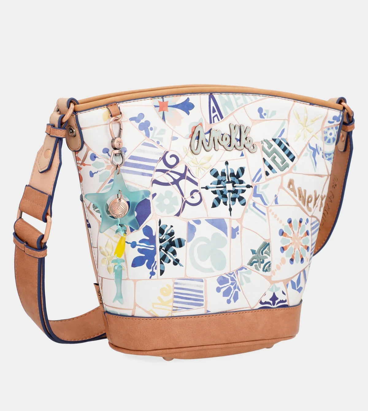 Borsa a tracolla ovale Anekke Sunrise con stampa ceramica mediterranea