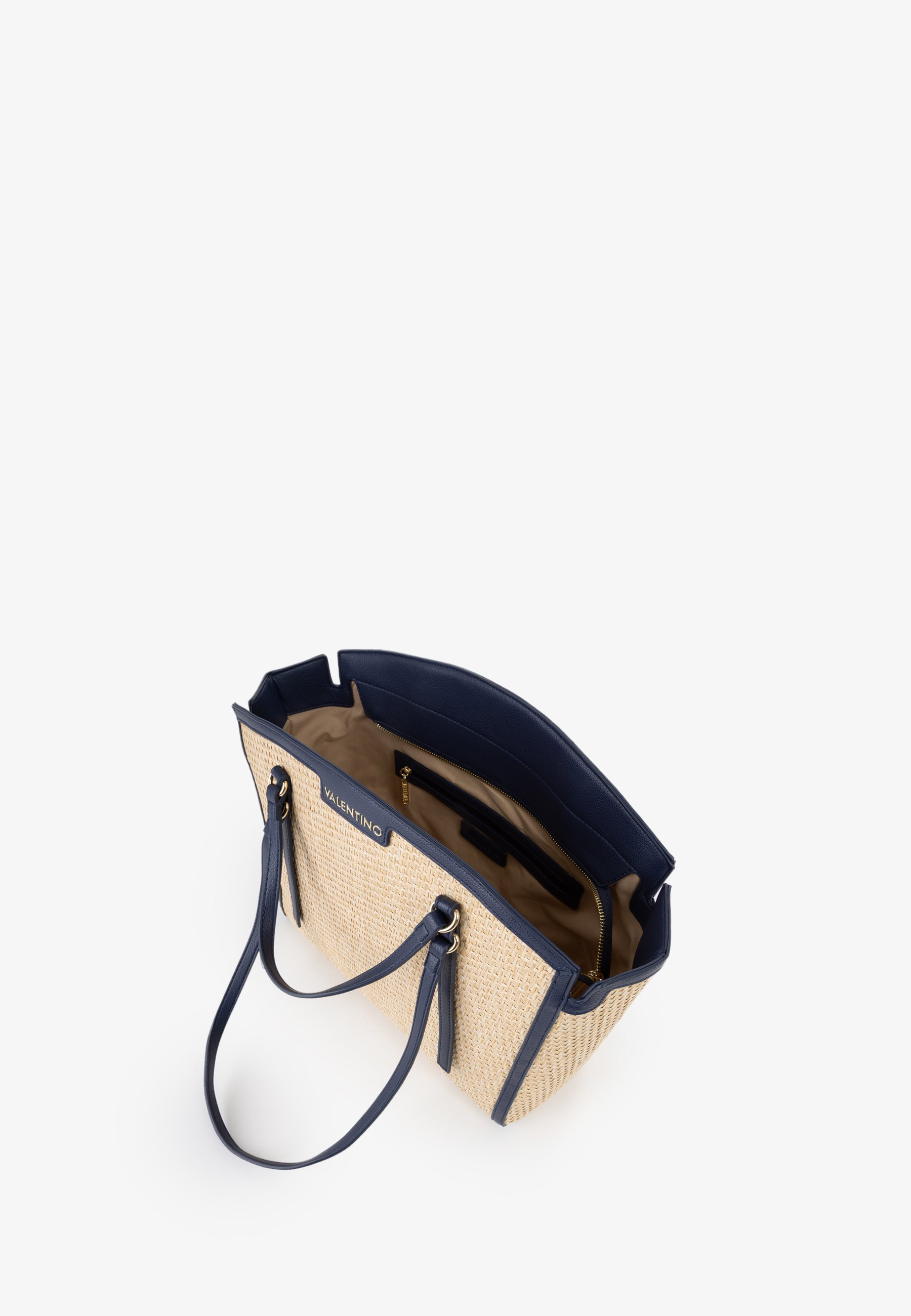 Borsa shopping donna Mario Valentino effetto rafia con doppi manici e profili a contrasto Blu TU | Giò Fashion
