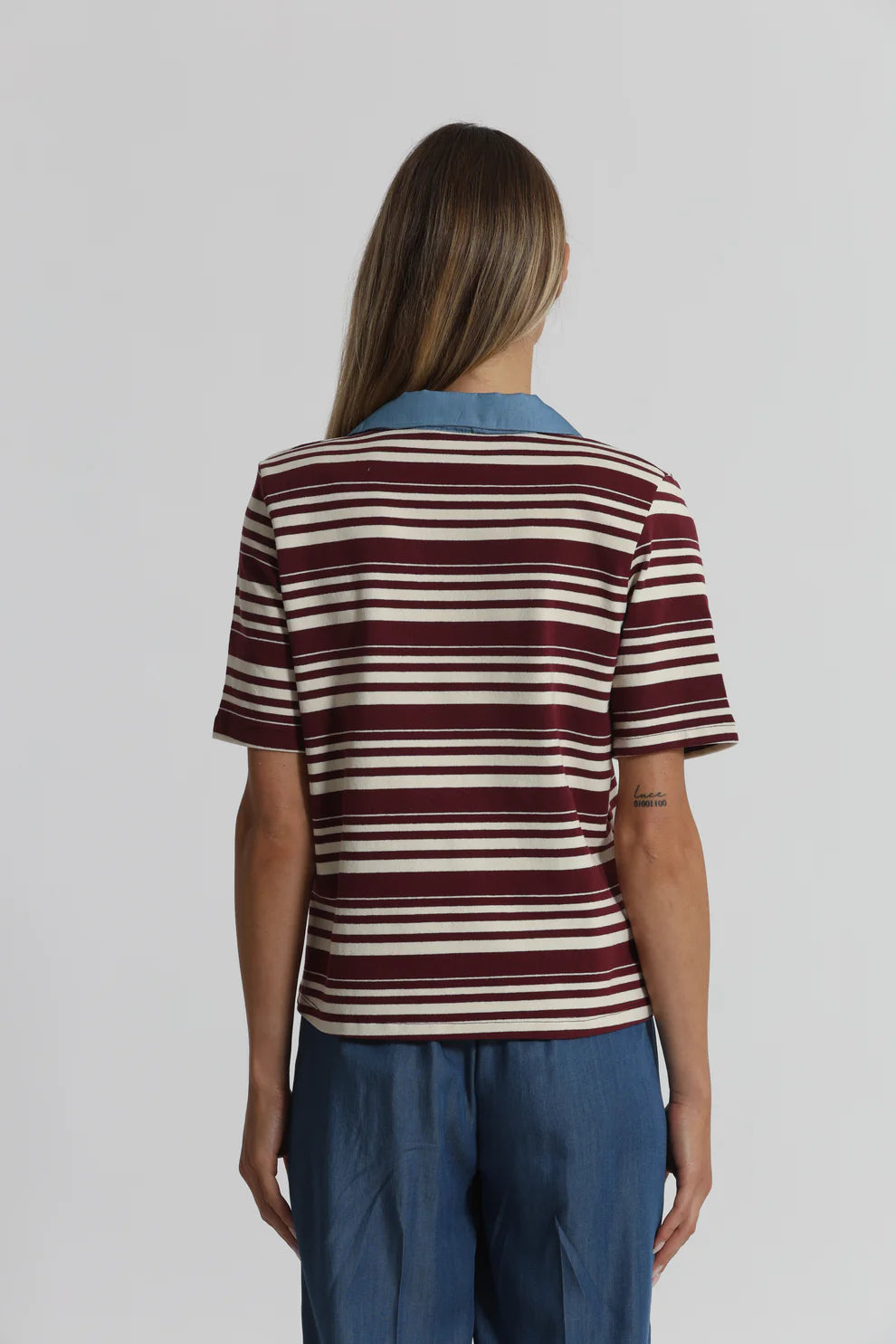 Polo donna a righe con colletto a contrasto stile casual chic BORDEAUX/PANNA XL | Giò Fashion