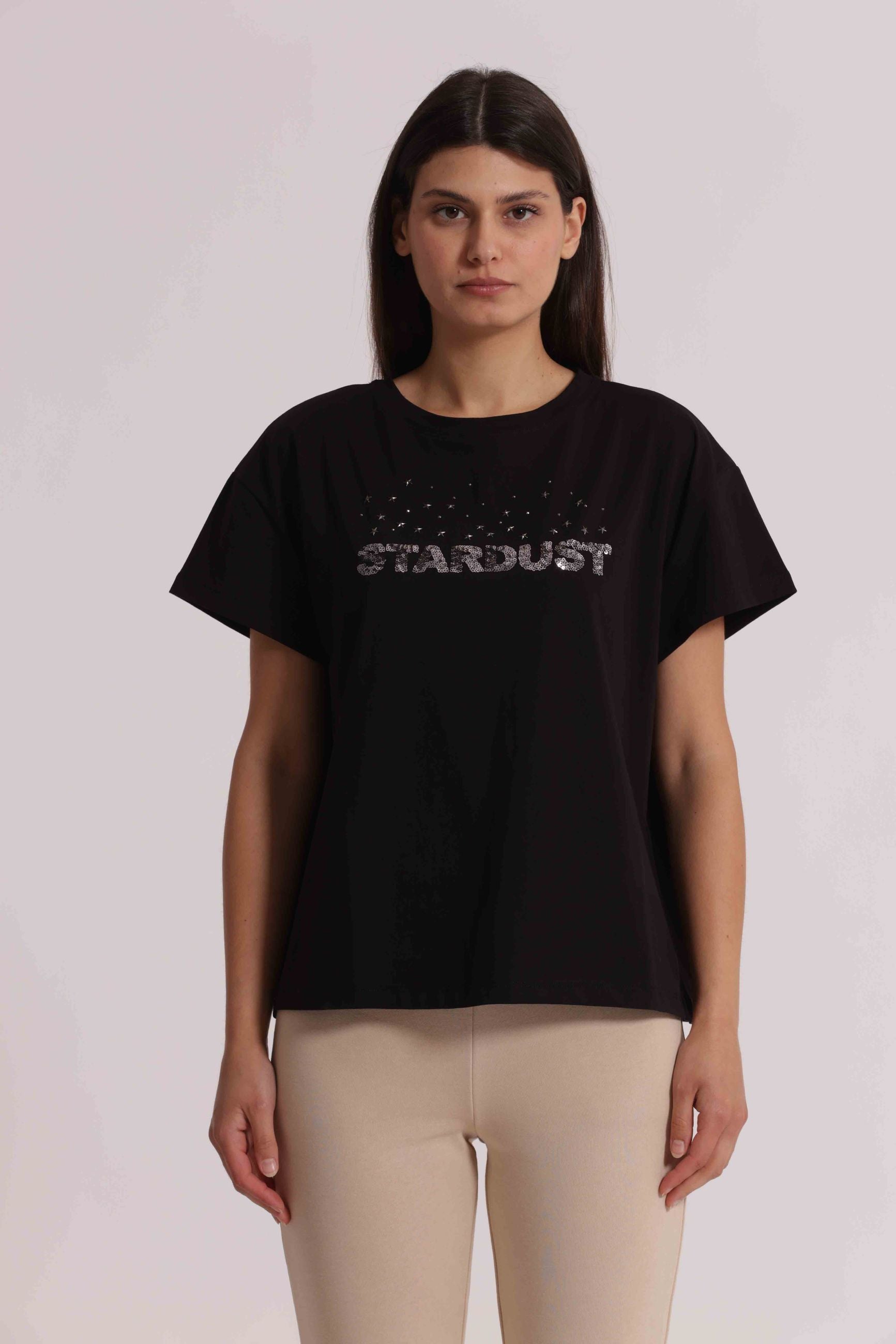 T-shirt donna Mimi Mua con stampa Stardust e vestibilità ampia contemporanea Nero S | Giò Fashion