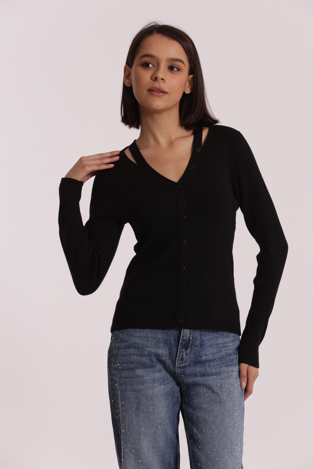 Cardigan Mimi Mua con scollo a V e dettagli cut out NERO XL | Giò Fashion