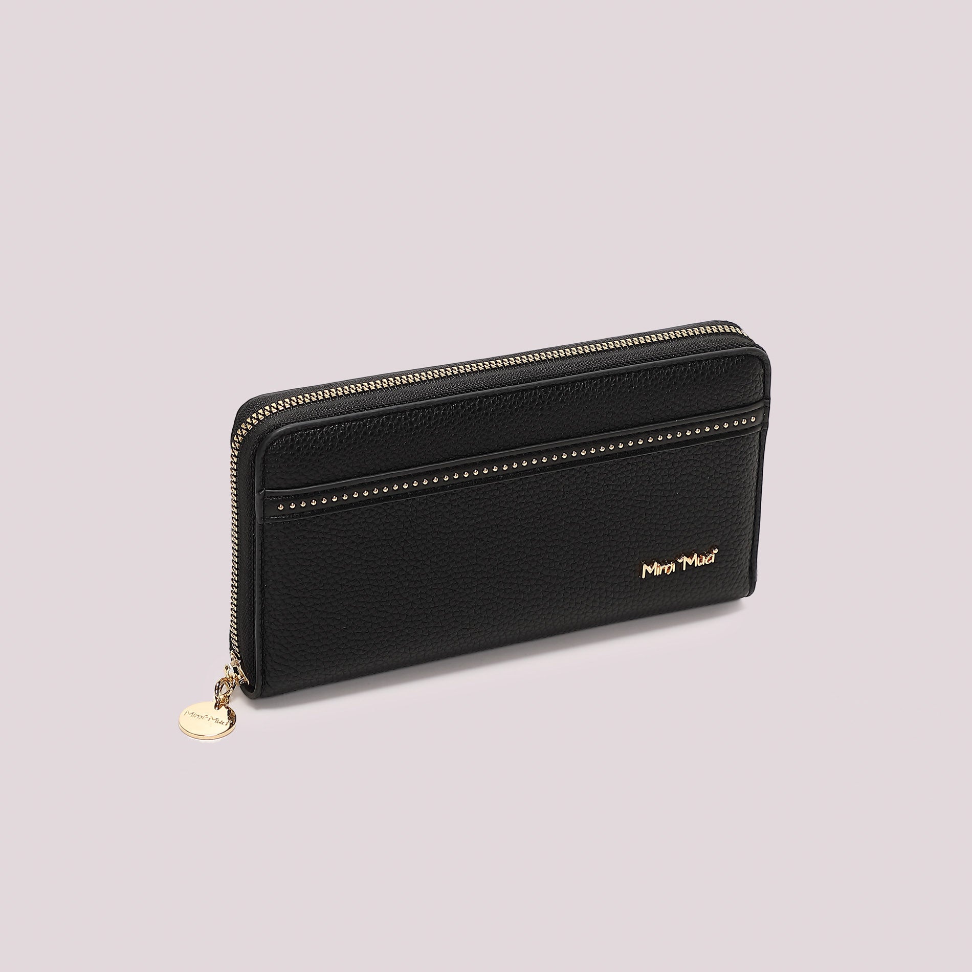 Portafoglio donna Mimi Mua zip around con borchie sottili stile elegante minimal Nero TU | Giò Fashion