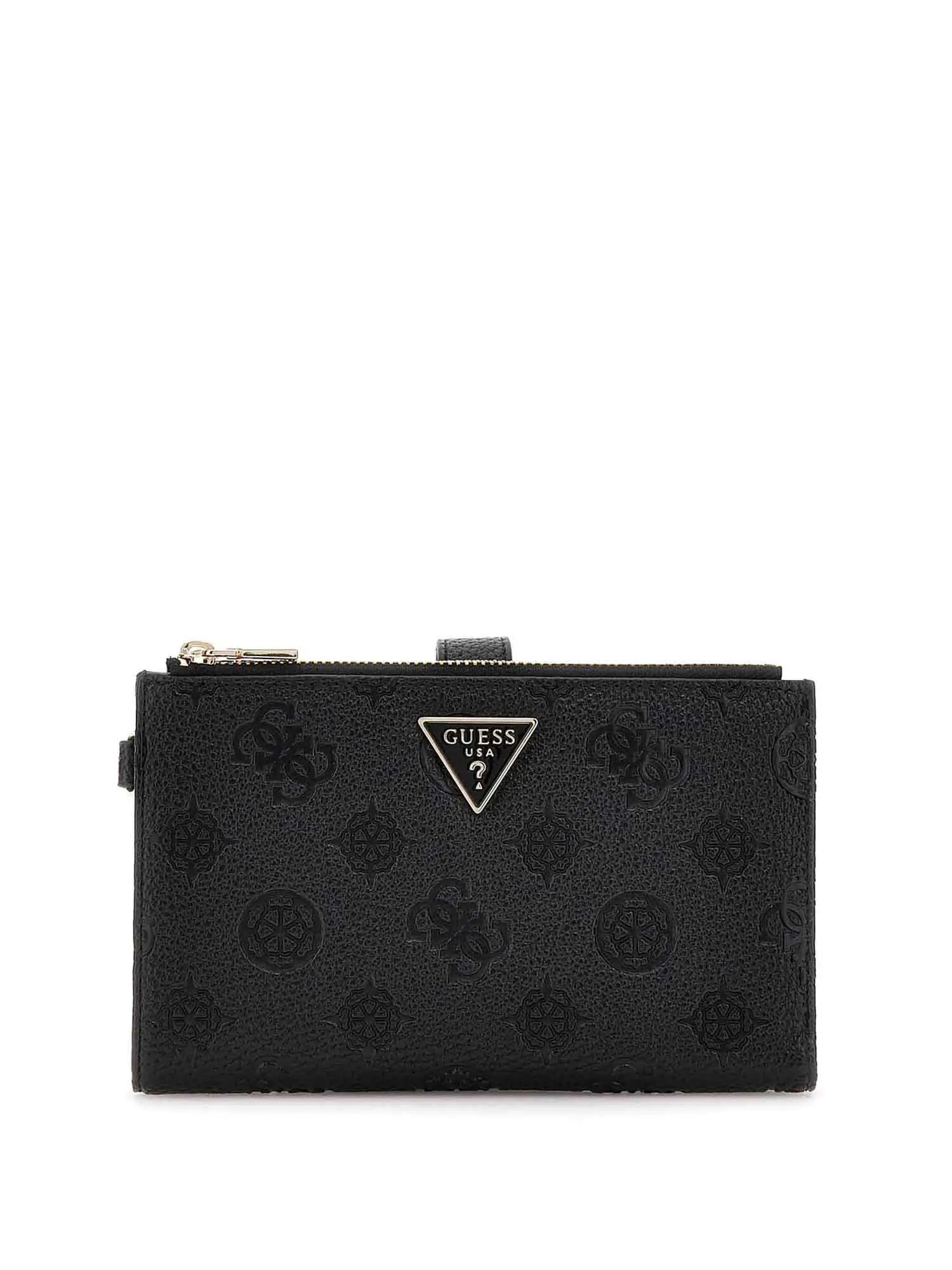 Guess portafoglio compatto logo all over con placca triangolare NERO TU | Giò Fashion