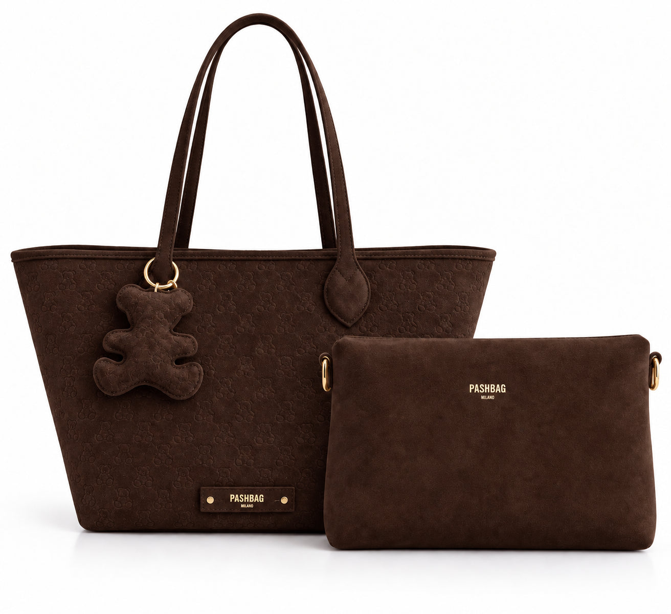 Borsa shopper a spalla con motivo orsetti e pochette interna