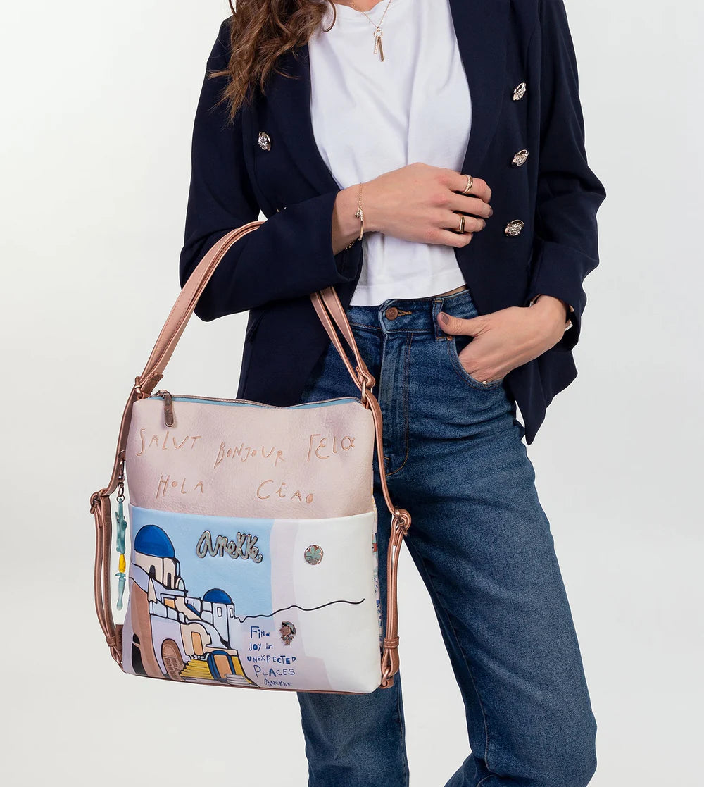 Borsa zaino convertibile Anekke Sunrise con stampa mediterranea Bianco TU | Giò Fashion