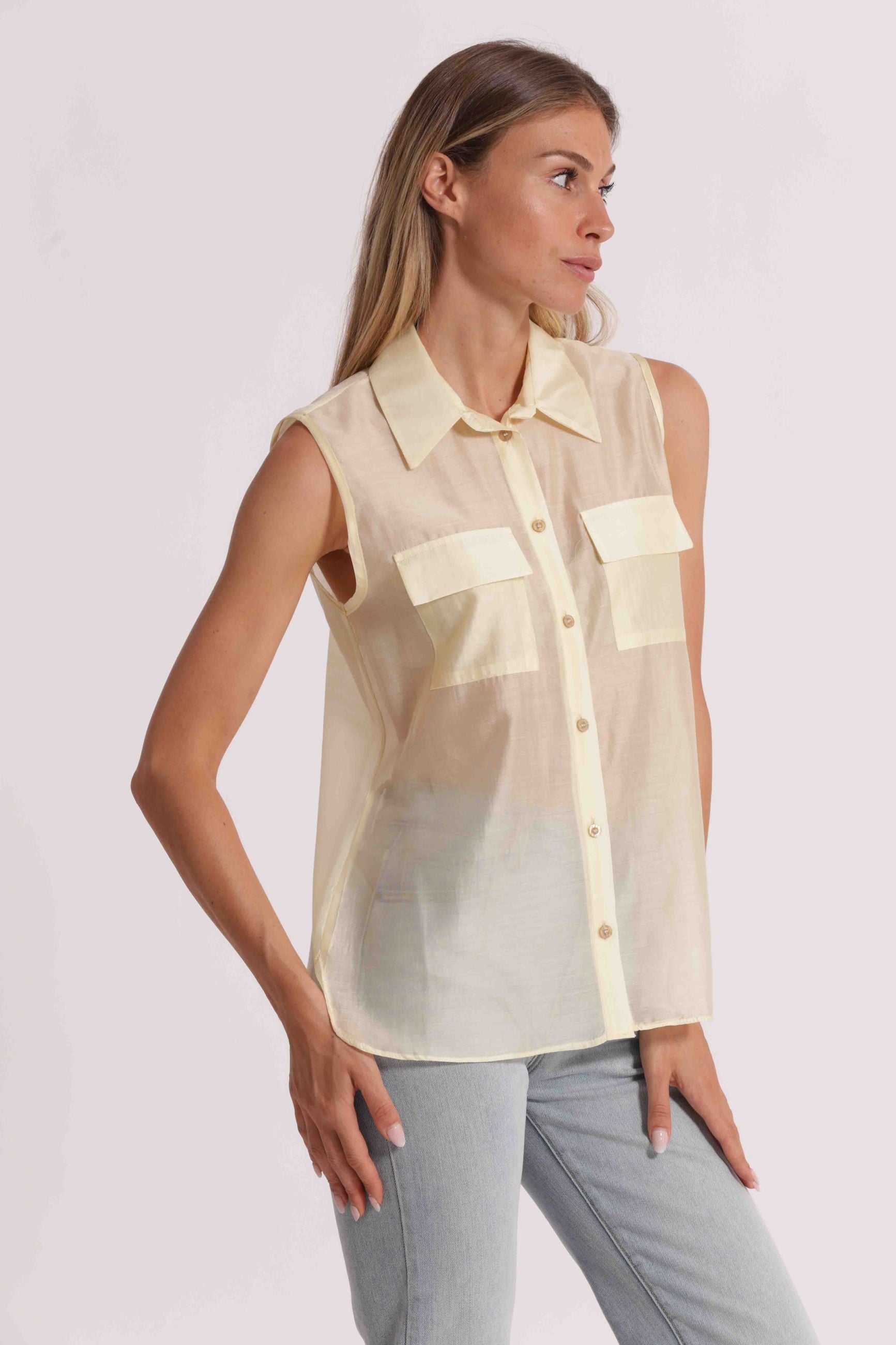 Mimi Mua camicia donna smanicata fluida con tasche frontali elegante Bianco L | Giò Fashion