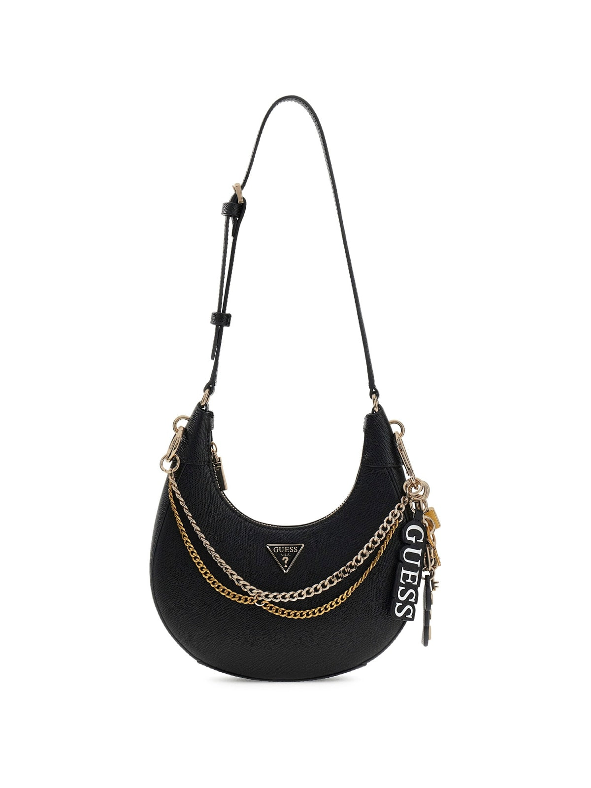 Borsa a spalla Guess donna design hobo con catene decorative e charm Nero TU | Giò Fashion