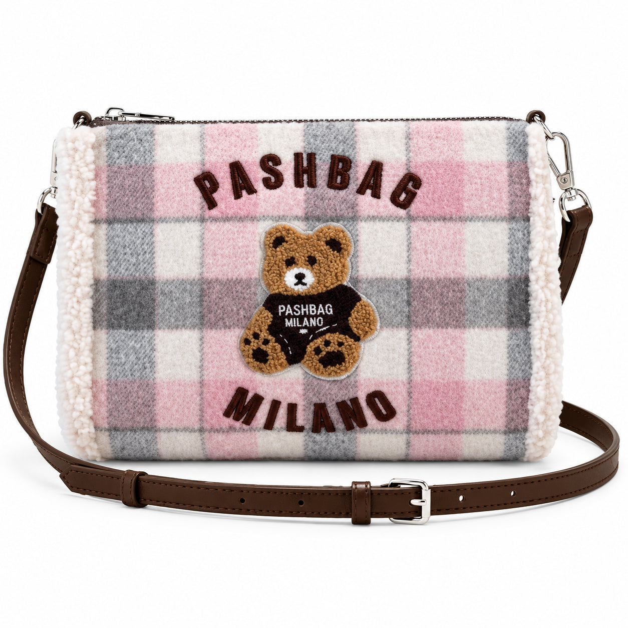 PashBag Borsa a Tracolla Effetto Peluche con Orsetto Ricamato