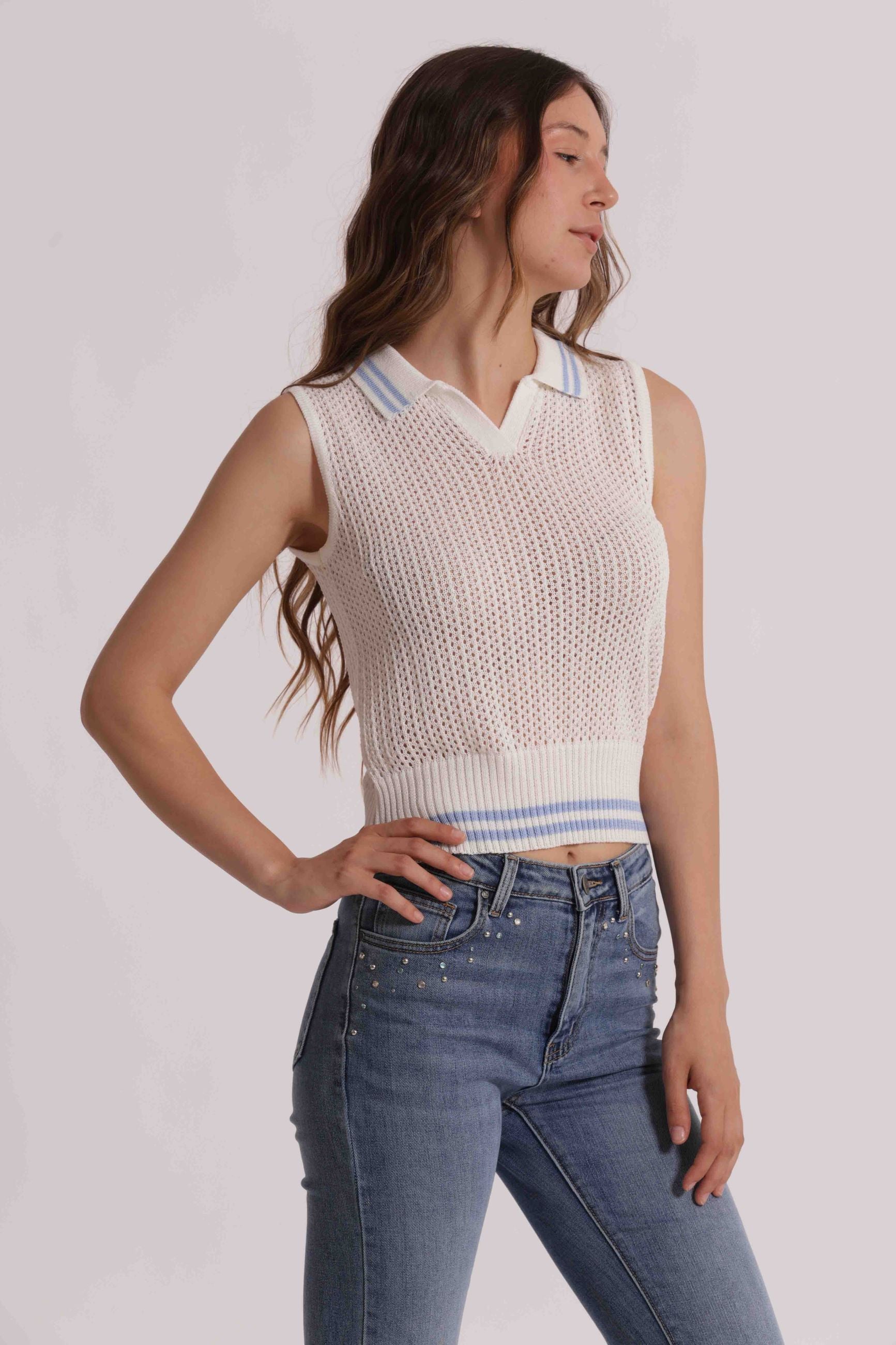 Top donna Mimi Mua traforato smanicato con colletto stile casual chic PANNA S | Giò Fashion