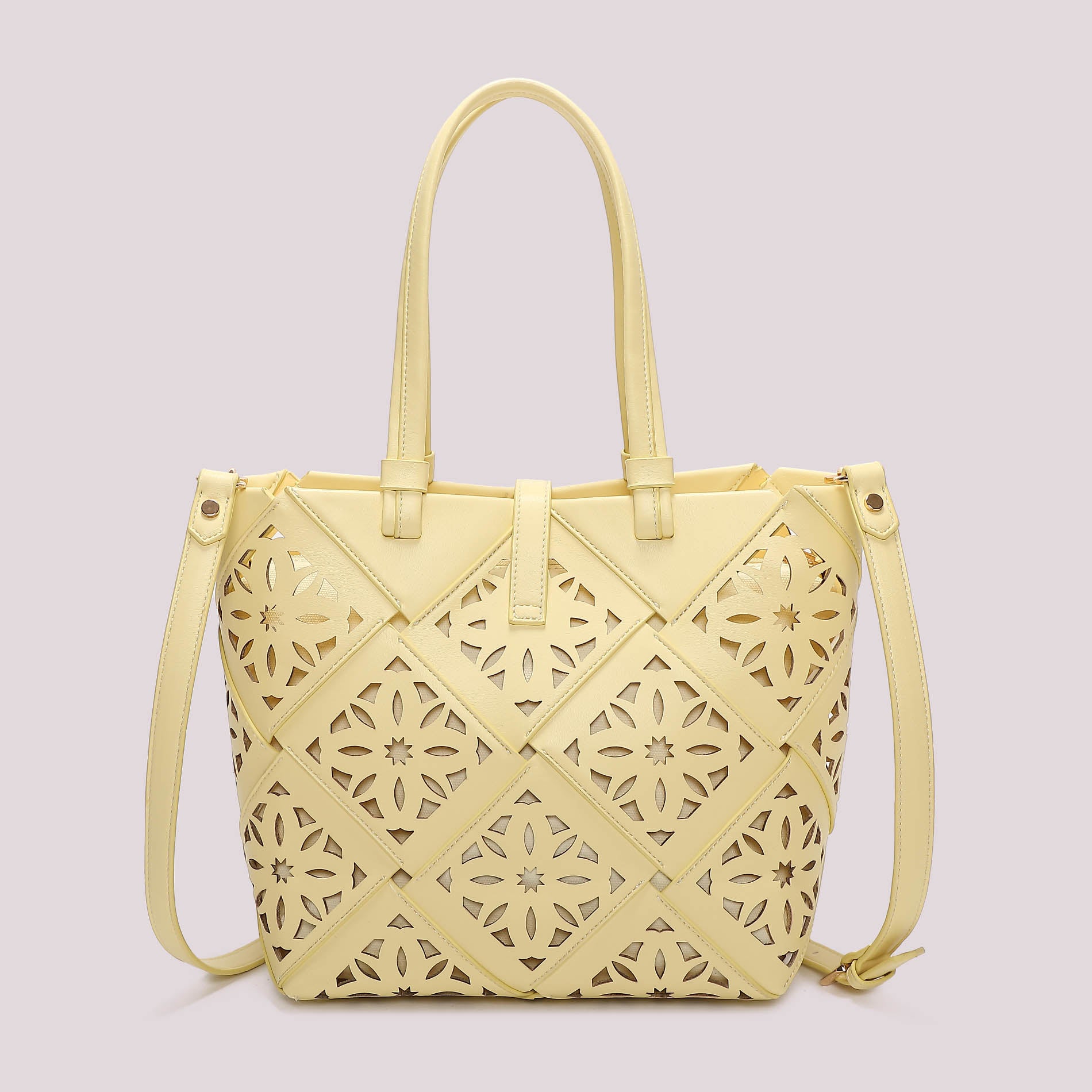 Borsa tote donna Mimi Mua traforata con manici lunghi e tracolla GIALLO CHIARO TU | Giò Fashion