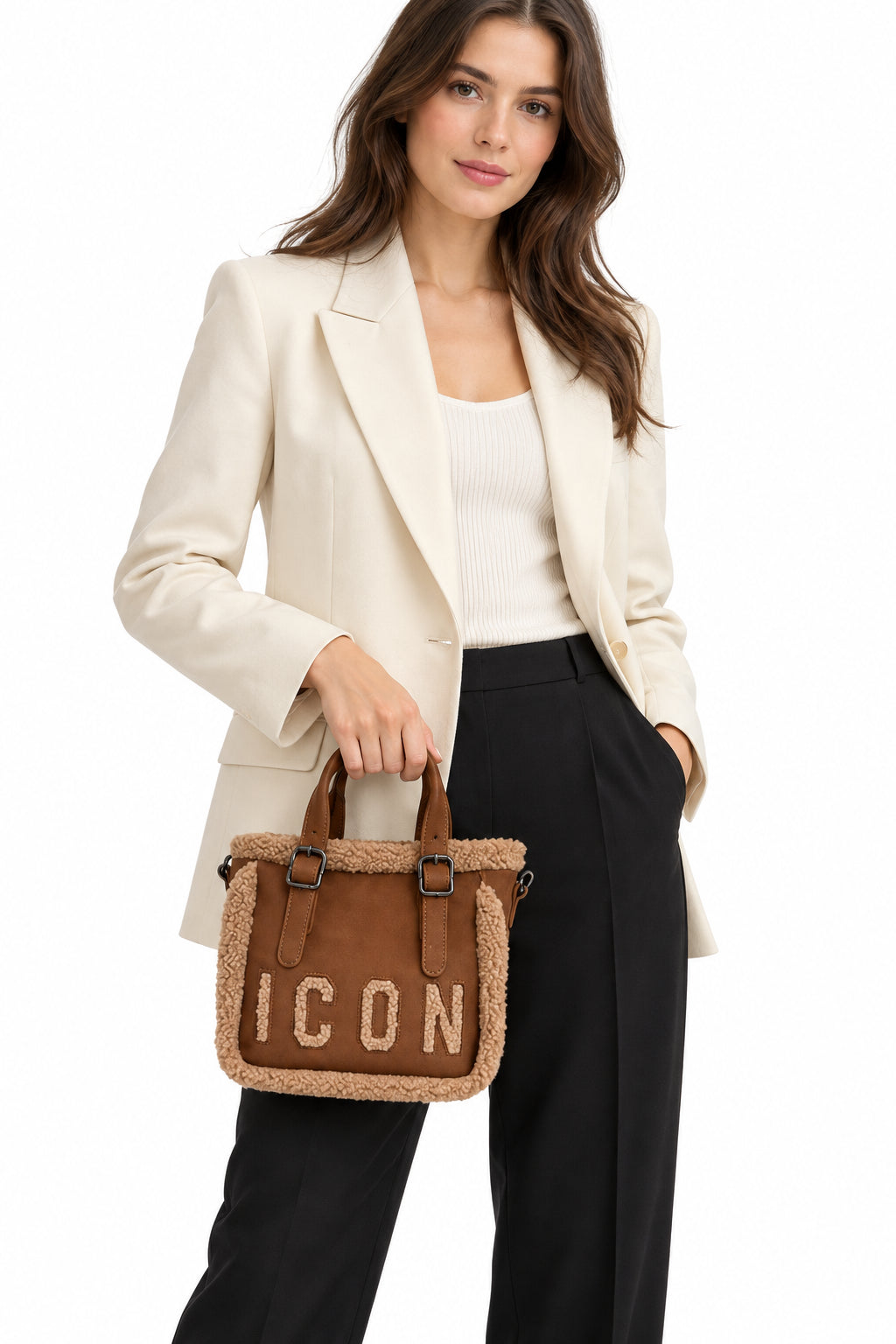 Borsa shopping piccola effetto scamosciato con bordi teddy