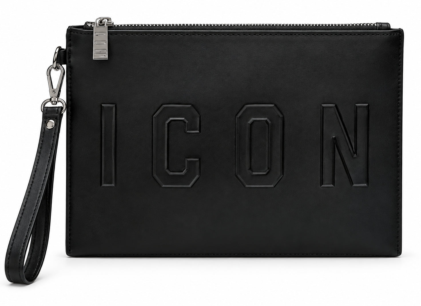 Pochette nera con logo in rilievo e laccetto da polso
