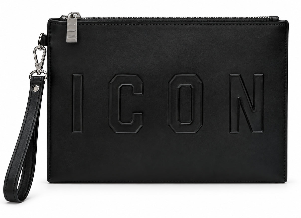 Pochette nera con logo in rilievo e laccetto da polso