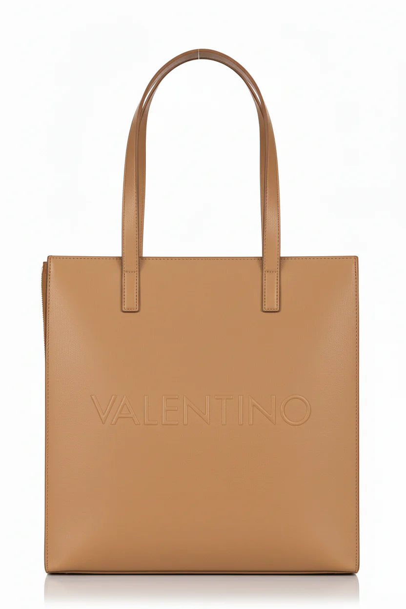Valentino shopper donna elegante con logo frontale e doppi manici CUOIO TU | Giò Fashion