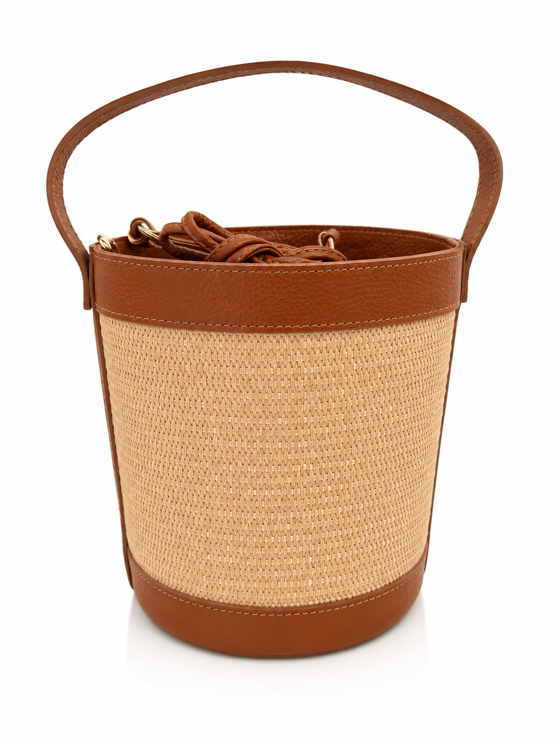 Borsa Secchiello Donna in Vera Pelle con Inserto Intrecciato e Tracolla
