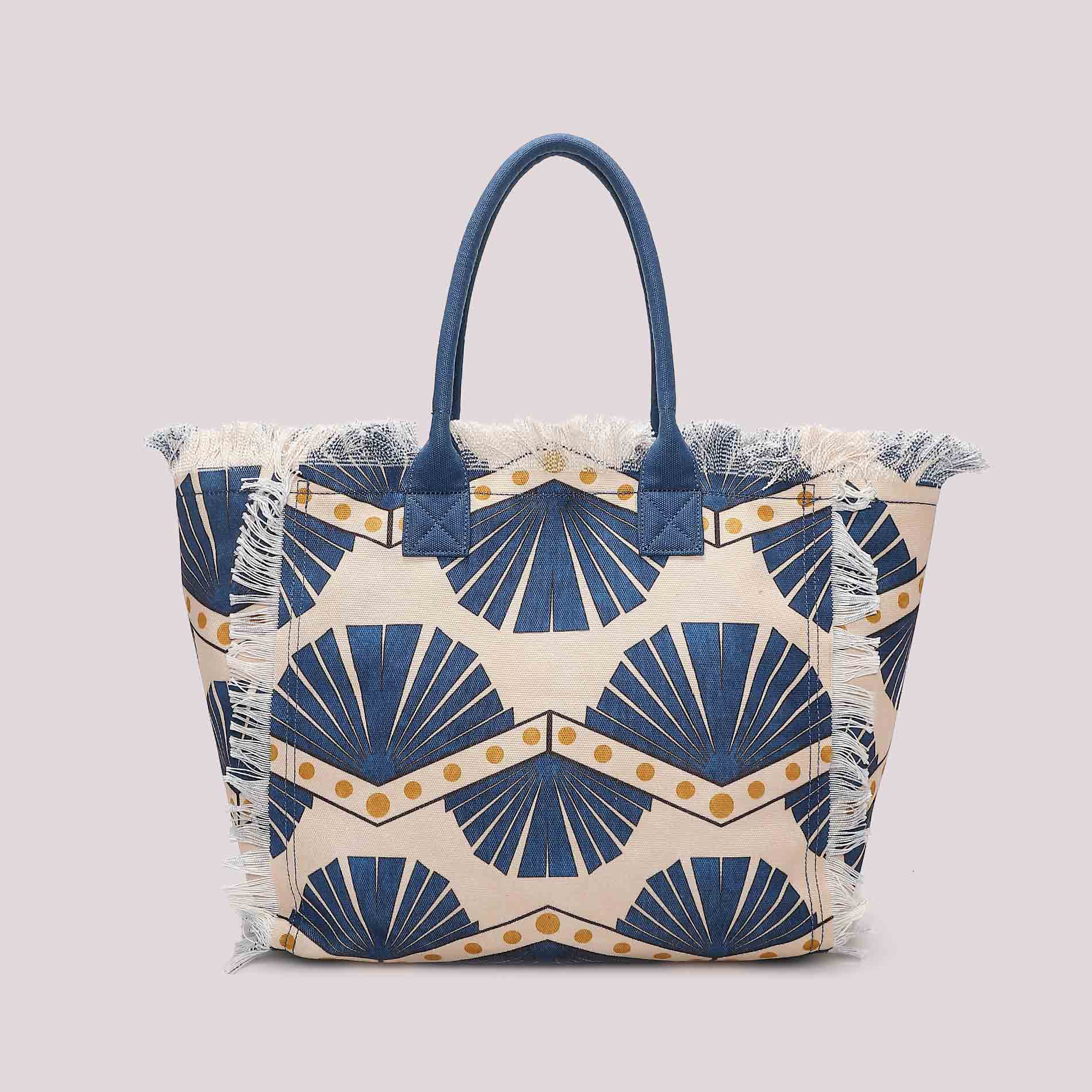 Borsa shopping donna Mimi Mua Firenze in tessuto con stampa e frange laterali Blu TU | Giò Fashion