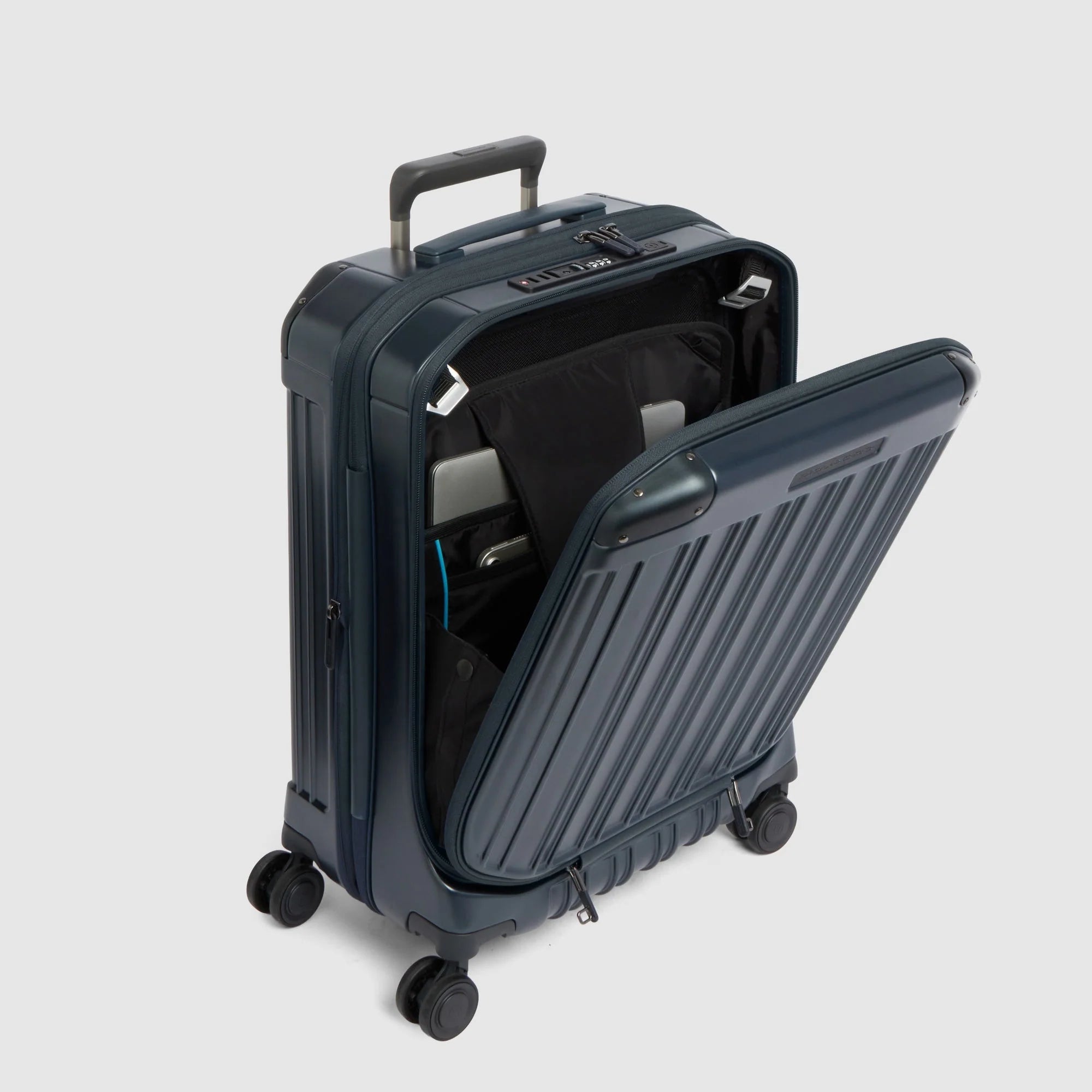 Piquadro Trolley Rigido da Cabina PQ-Light Blu Opaco Espandibile con 4 Ruote e Porta PC 17,3"