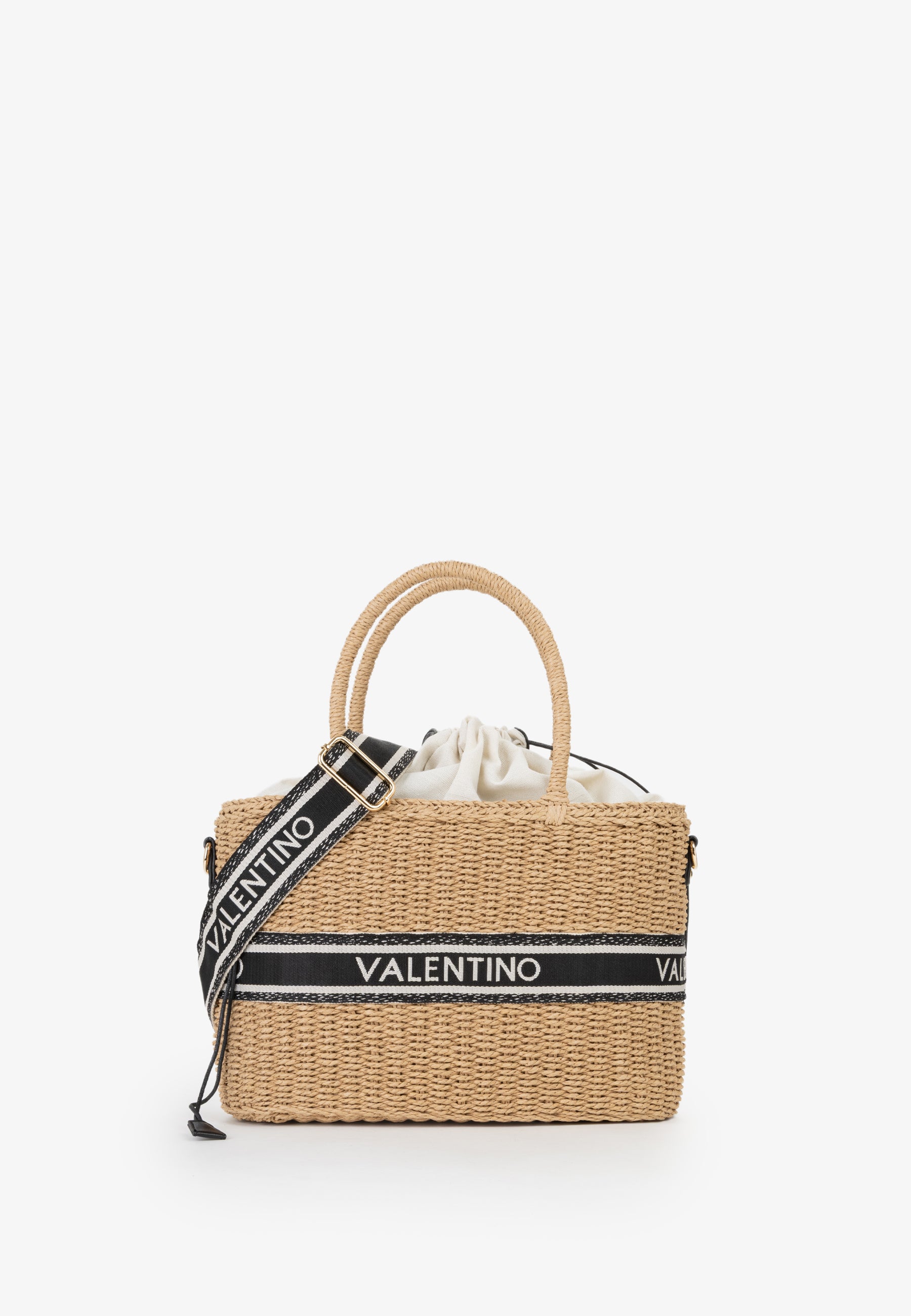 Borsa shopper Mario Valentino in paglia con fascia logata e chiusura coulisse Nero TU | Giò Fashion