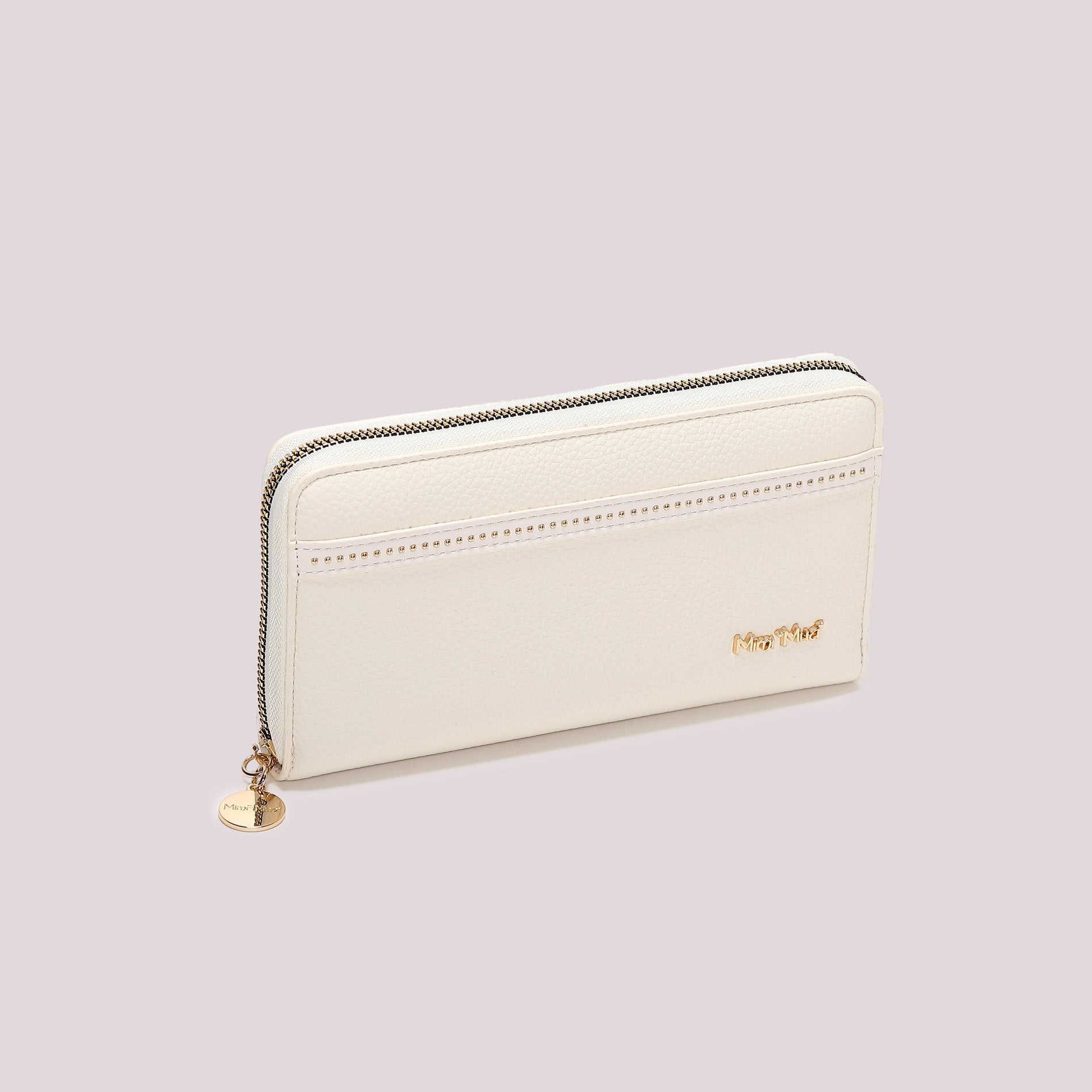 Portafoglio donna Mimi Mua zip around con borchie sottili stile elegante minimal Bianco TU | Giò Fashion