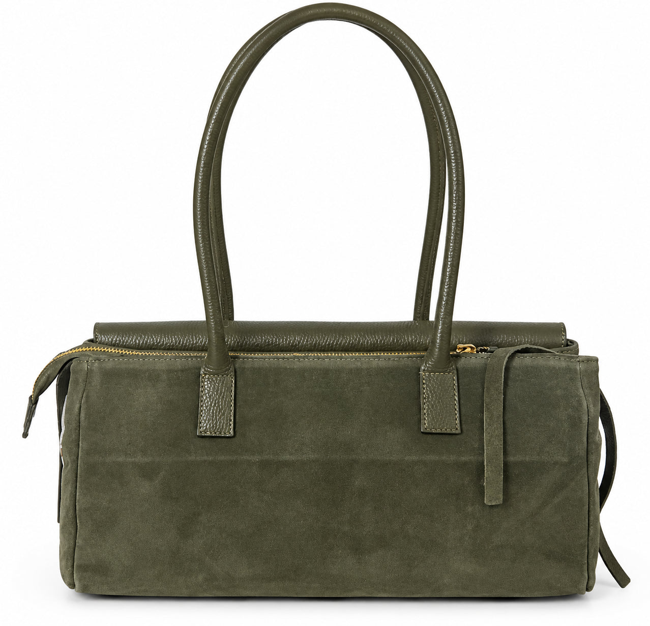 Borsa Donna Verde Militare Effetto Camoscio Trapuntata con Manici Lunghi e Dettagli Dorati