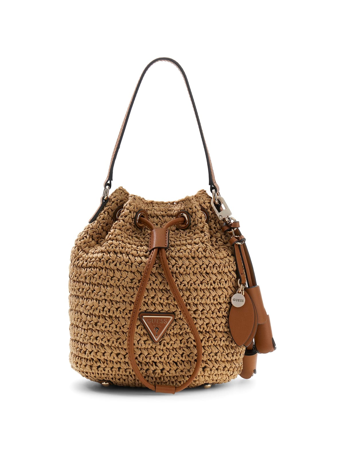 Borsa secchiello Guess donna intrecciata con logo e charm NATURALE/COGNAC TU | Giò Fashion