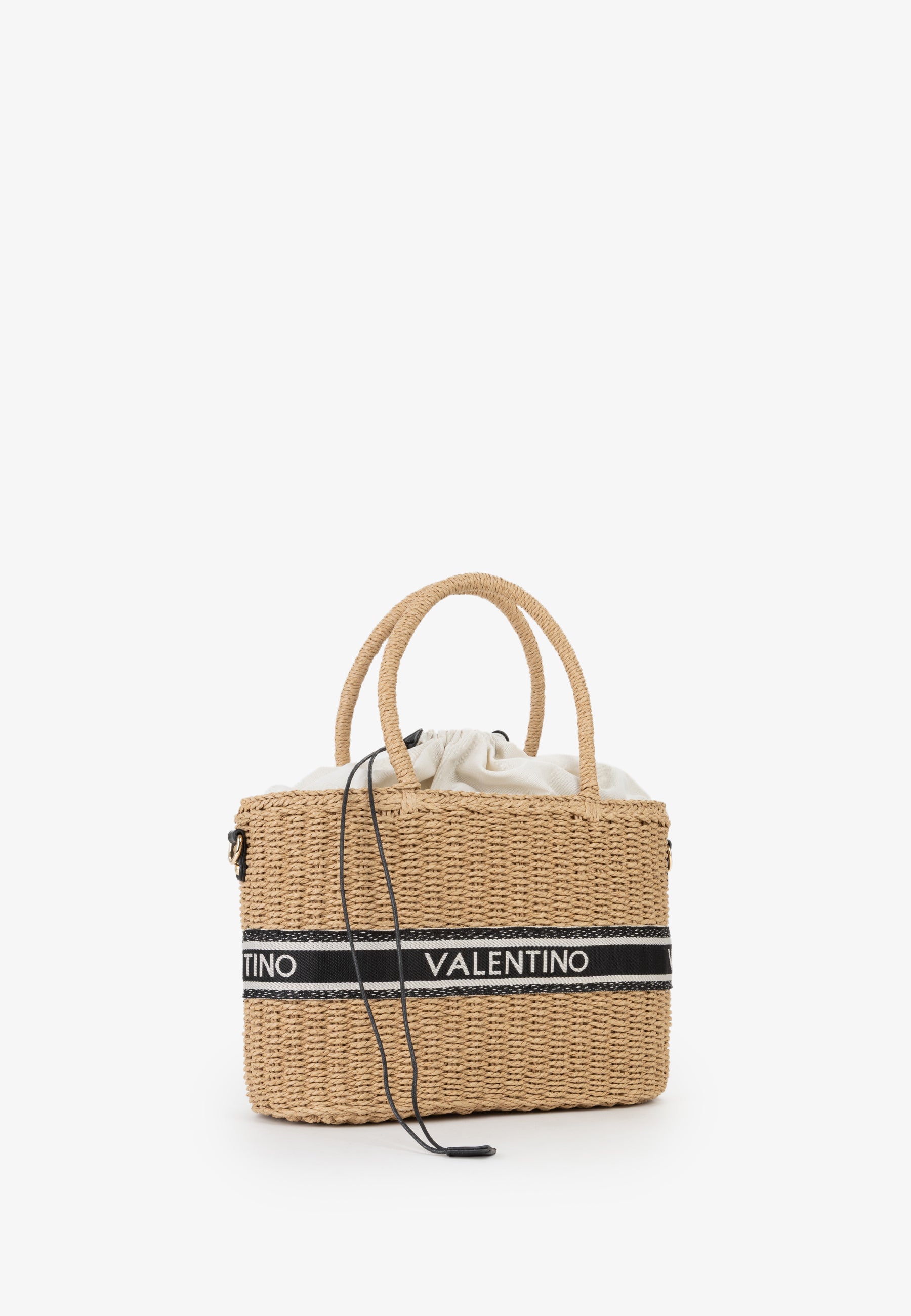 Borsa shopper Mario Valentino in paglia con fascia logata e chiusura coulisse Nero TU | Giò Fashion